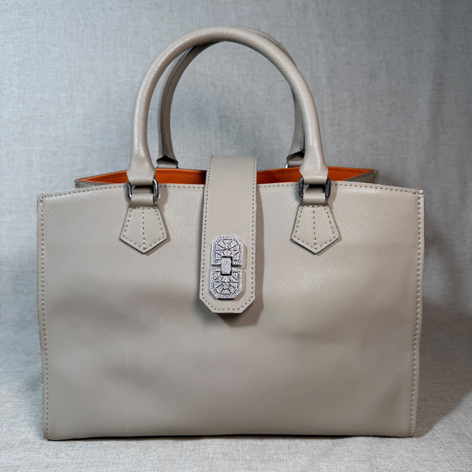 New Unused A.D.M.J. Leather Handbag Greige Swarovski Cow Leather Made in Japan