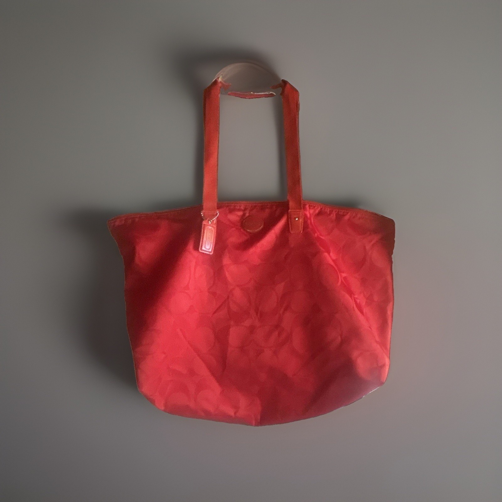 Coach Red Signature Large Tote Zip Top Shoulder Bag Pouch Inner Pockets Silver