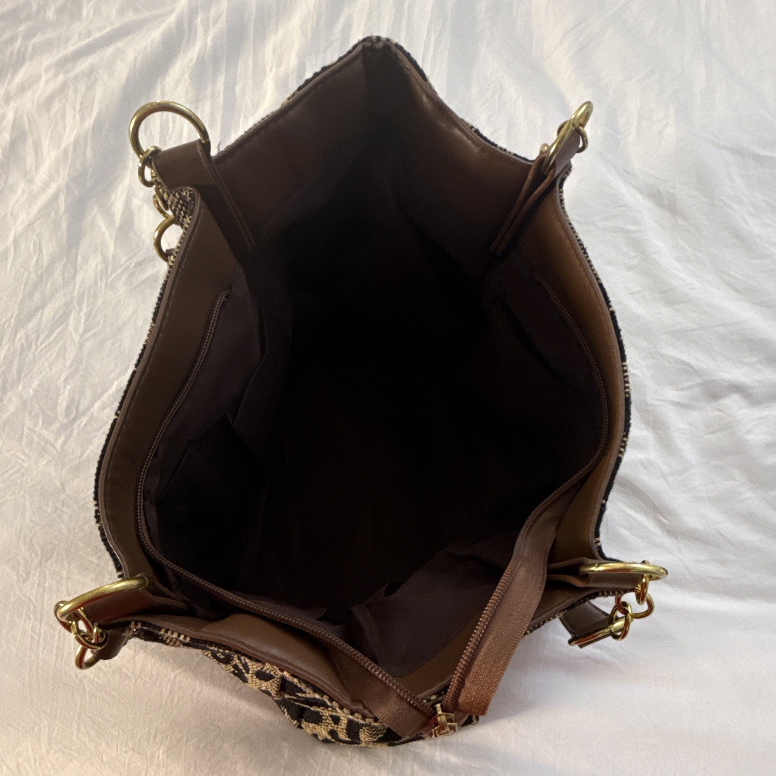 Leopard Print Tote Bag Brown/Black Gold Chain Accents Double Handles Zip Lined