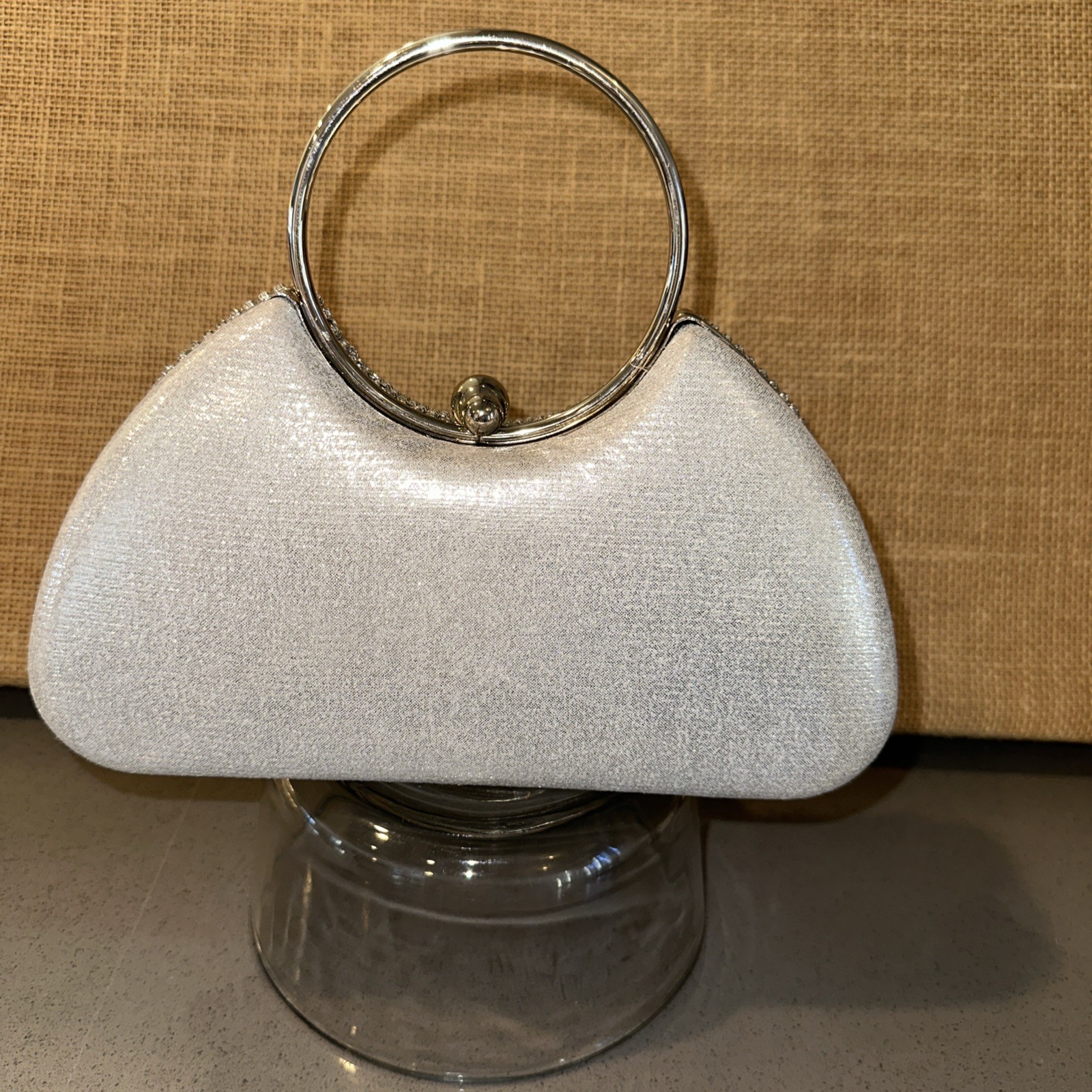 Silver-toned Rhinestone Fringe Clutch bag with a round Top Handle