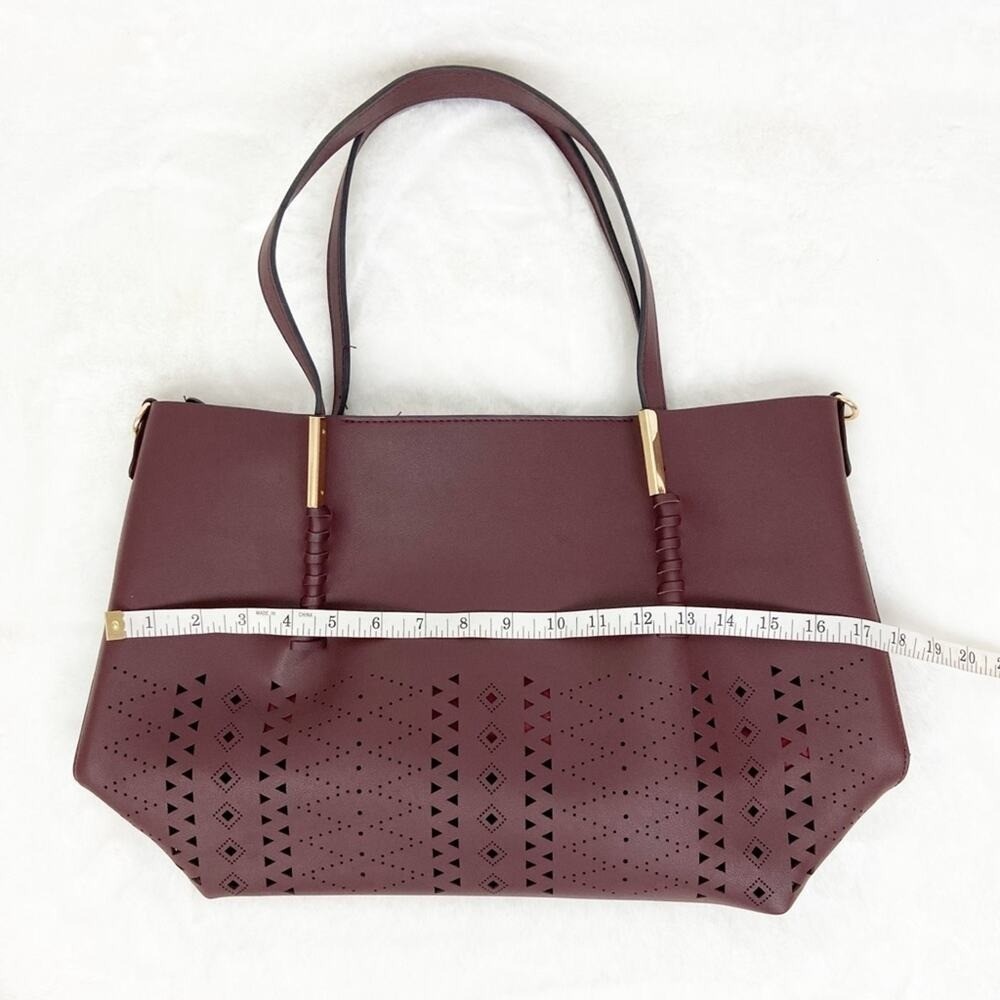 Burgundy Semi‑PU Tote Purse Structured Laser Cut Design Large Shoulder Bag