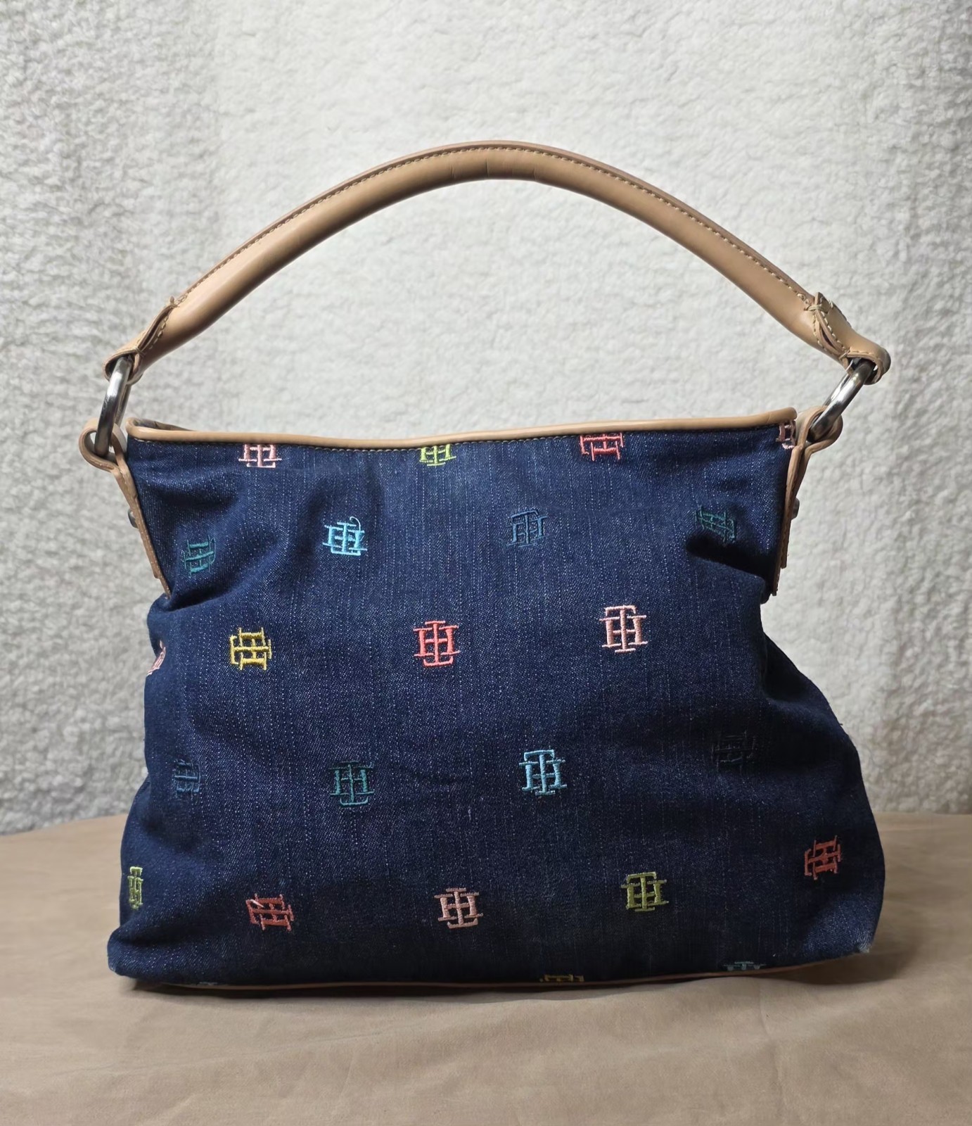 Tommy Hilfiger Y2K denim shoulder bag with a colorful embroidered logo pattern
