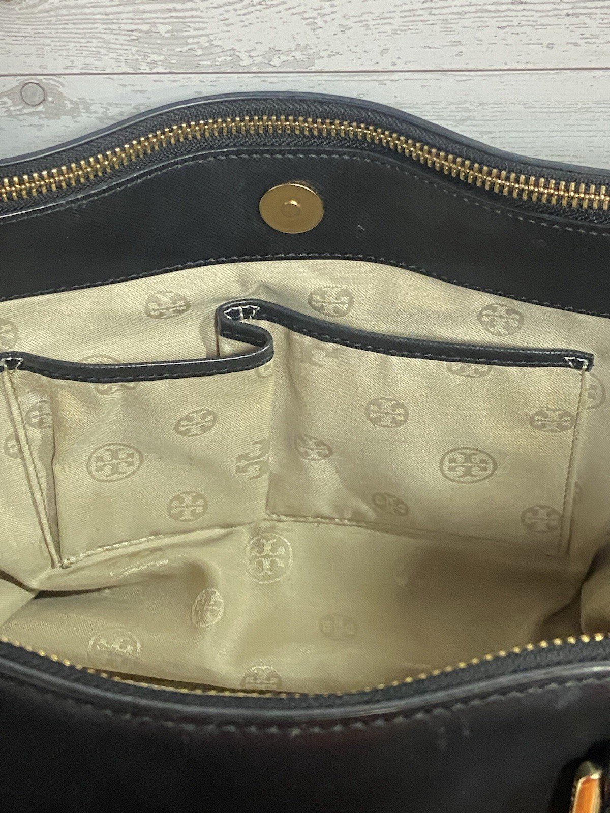 Tory Burch black saffiano leather tote bag large satchel gold hardware