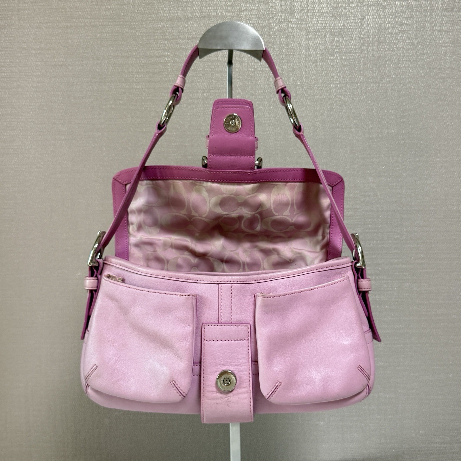 Rare Y2k VTG COACH Soho Double Pocket Buckle Flap Pink Leather Shoulde Bag 3653