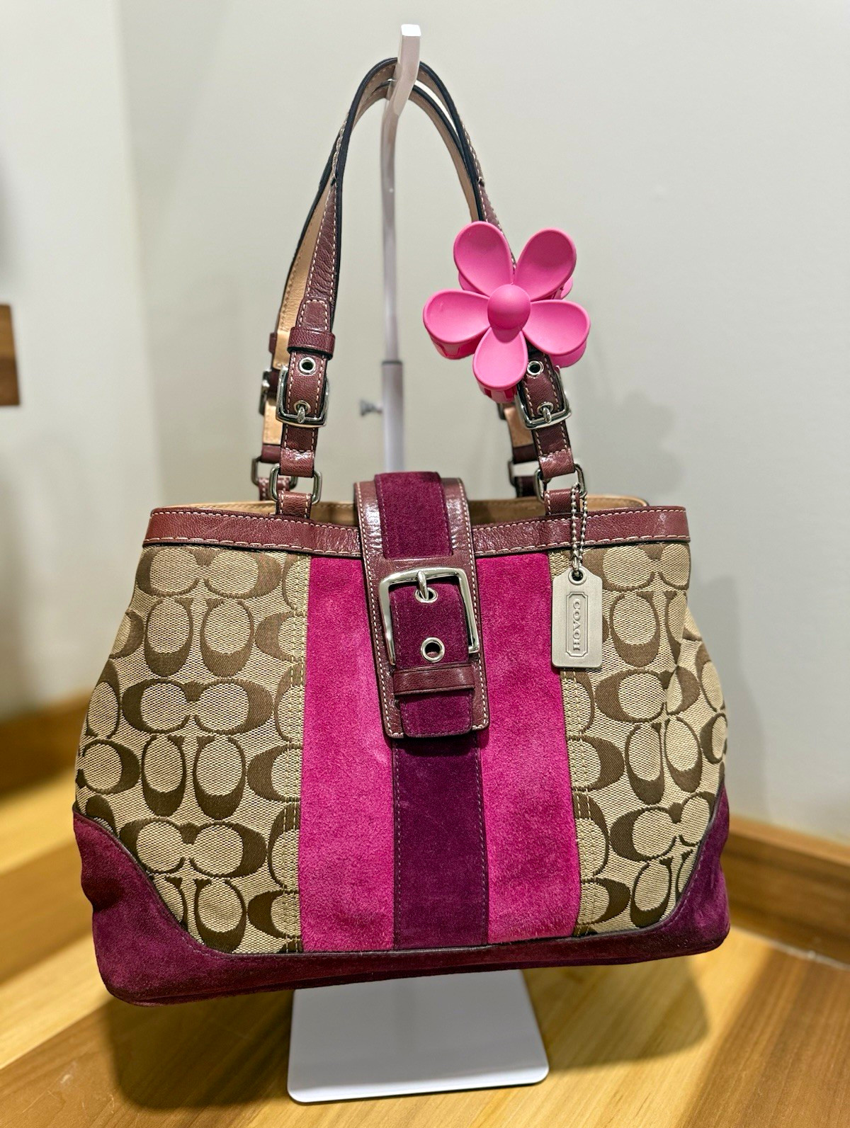 Coach Vintage Hampton Pink Suede Stripe Signature Bag