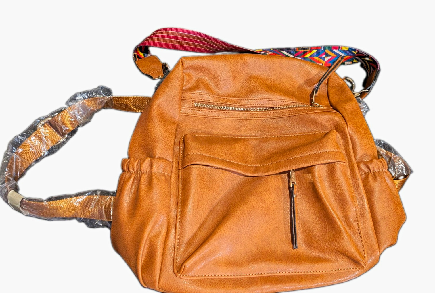 Tan Faux Leather Unisex Convertible Backpack Purse with Colorful Patterned Strap