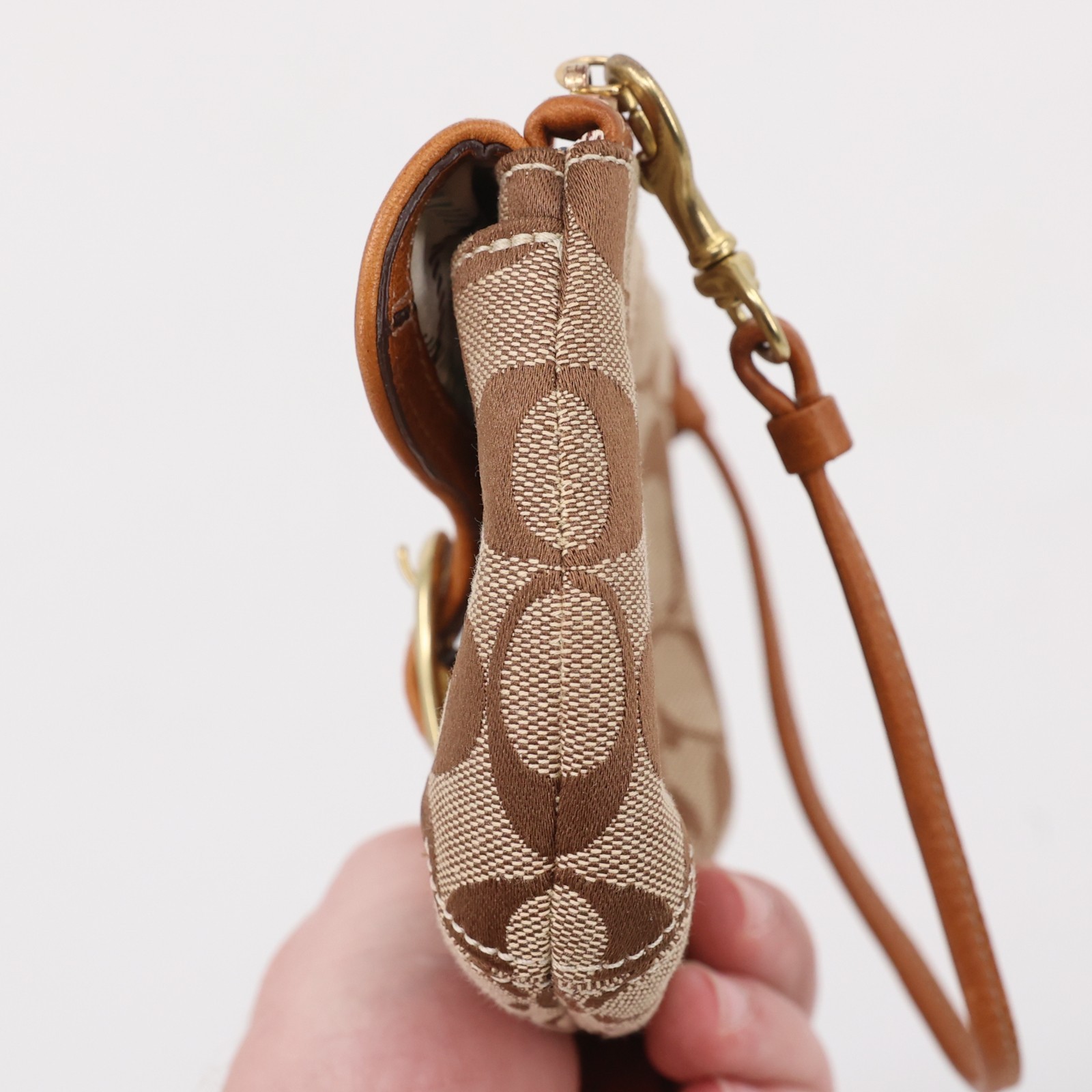 Coach Bleecker Buckle Monogram Wristlet Leather Wallet Purse Tan Cognac Brown