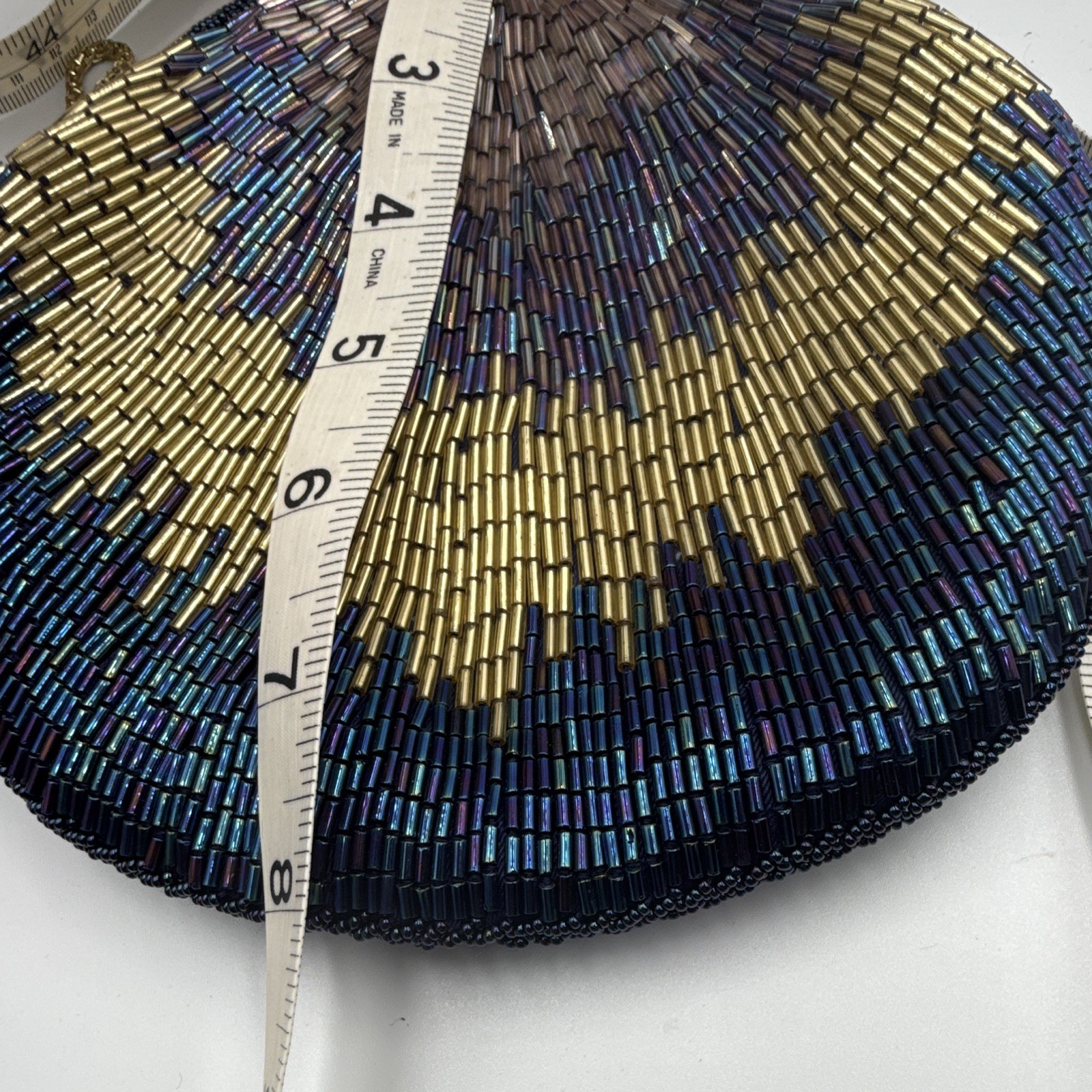Vintage La Regale Iridescent Peacock Bugle Bead Clamshell Crossbody Clutch Purse
