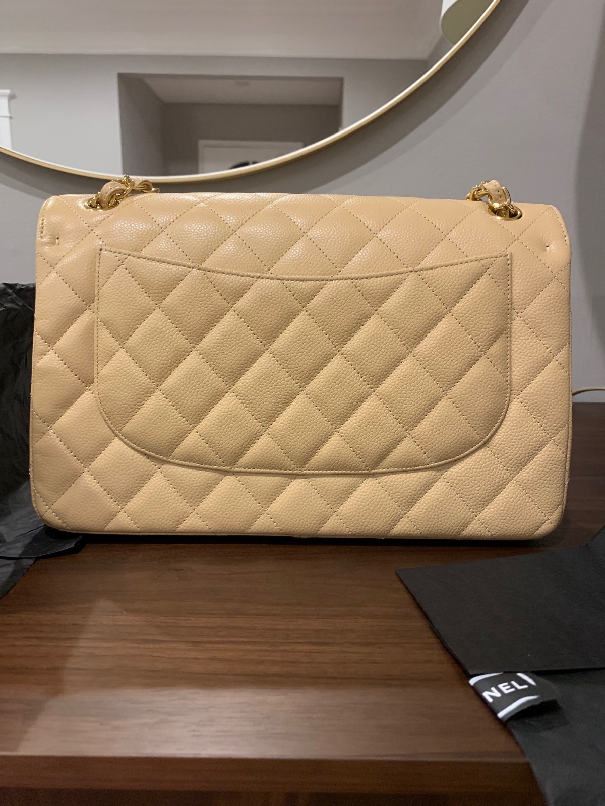 CHANEL Jumbo Classic Double Flap Bag – Beige Caviar Leather Gold Hardware