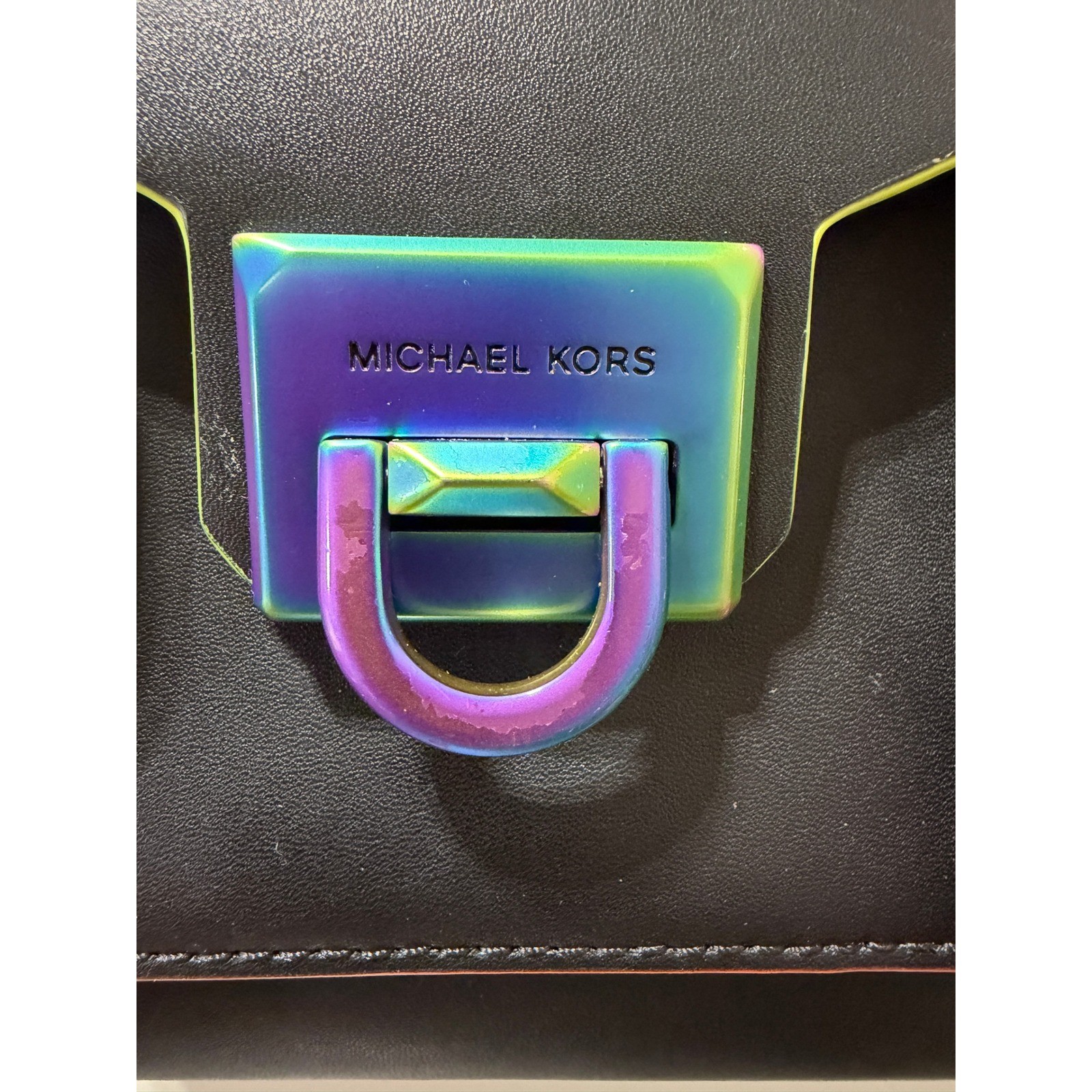 MICHAEL KORS Manhattan Rainbow Iridescent Neon Purple Black Orange Satchel Bag