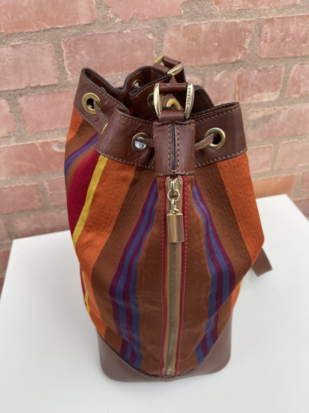 Vintage Céline Sangle Seau Striped Canvas Bucket Bag Crossbody Leather 1994 M94