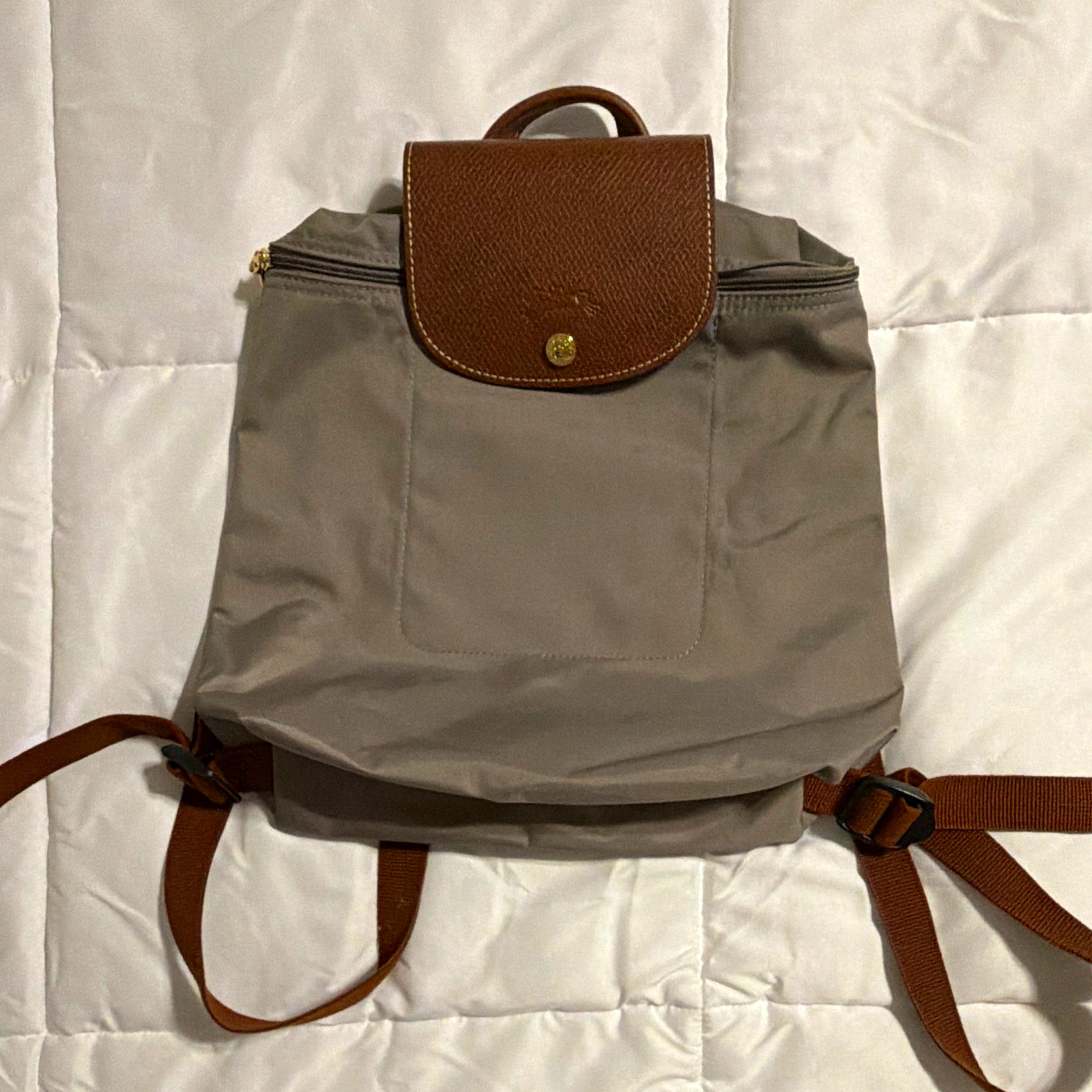 Longchamp Le Pliage Backpack Gray, Brown Trim, Gold Hardware, Zip Snap