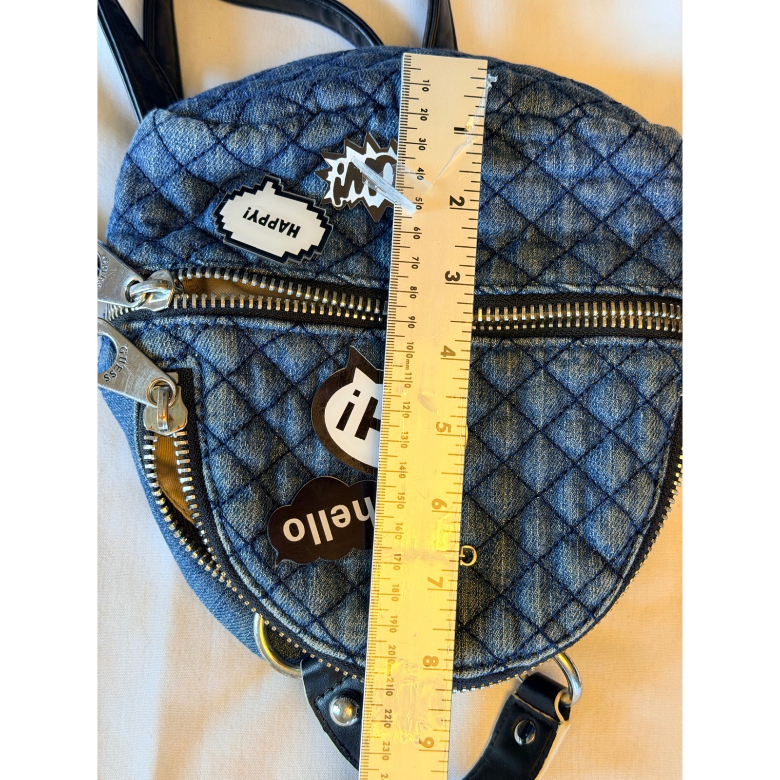 Guess Quilted Denim Mini Backpack Blue Patches Speech Bubbles Small Bag
