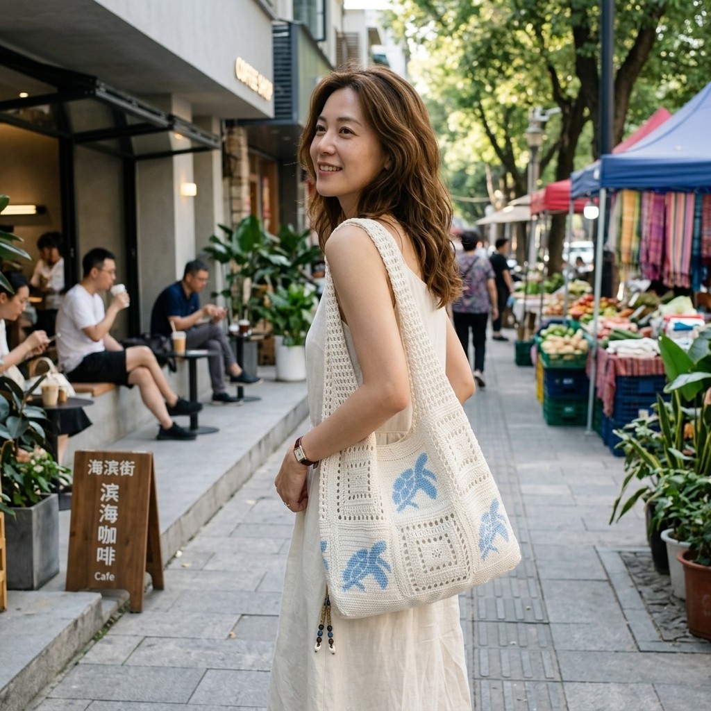Turtle Pattern Knitted Bag Retro Hollow Woven Design Multi-purpose Shoulder Bag