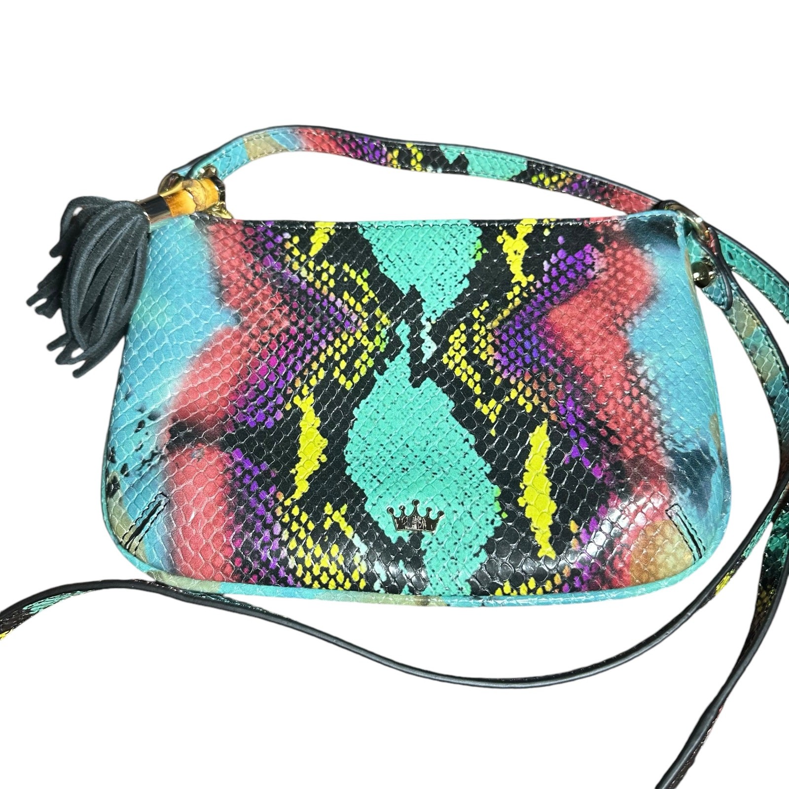 Elaine turner Leather crossbody bag turquoise python pink purple yellow