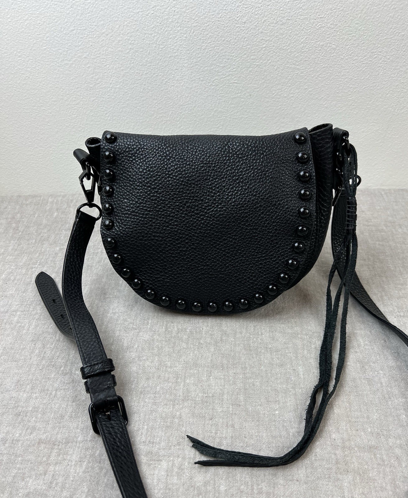 Rebecca Minkoff Half Moon Black Studded Leather Saddle Bag Unlined Purse Biker