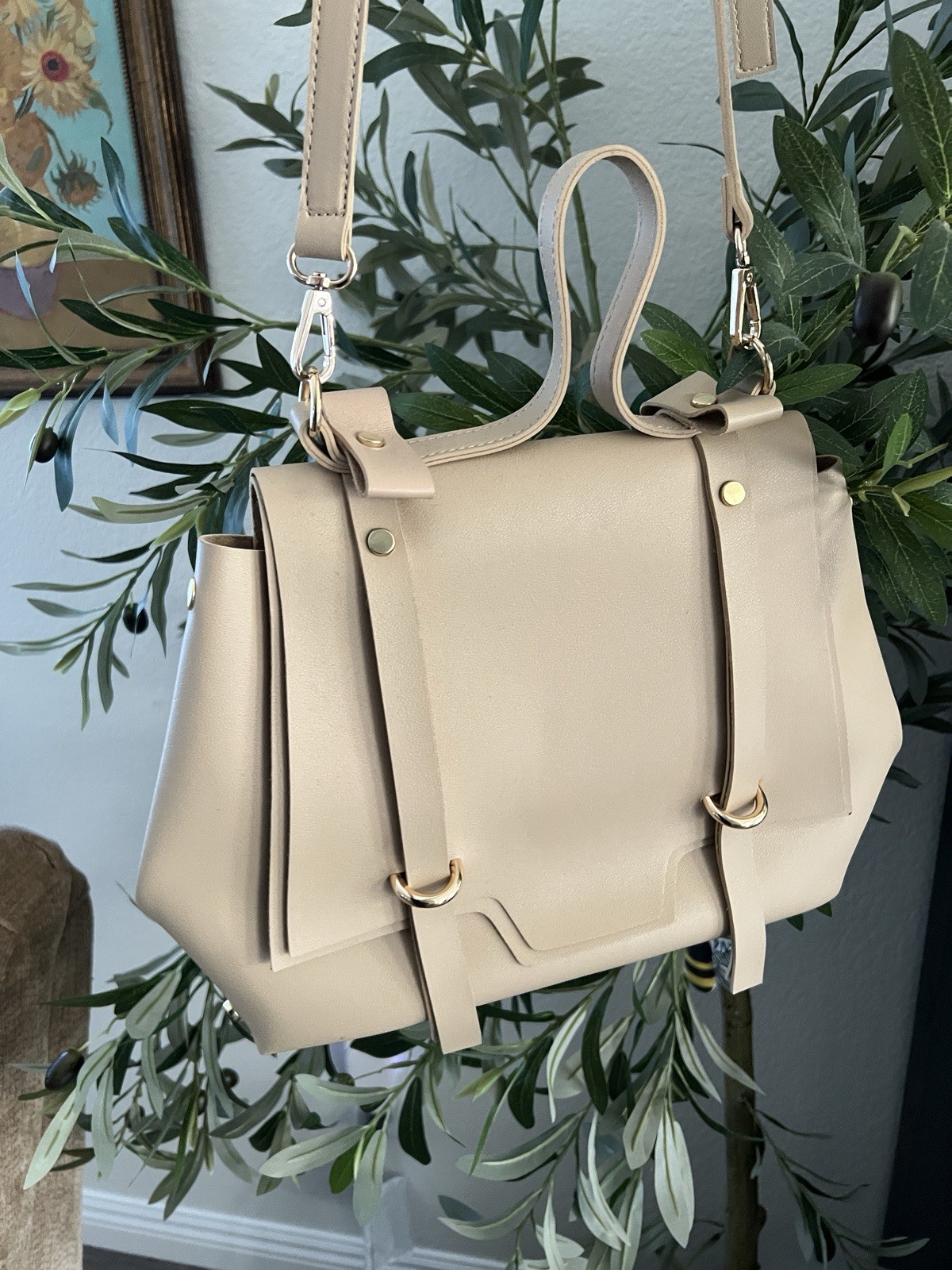 New Beige Structured Satchel Handbag with Shoulder Strap