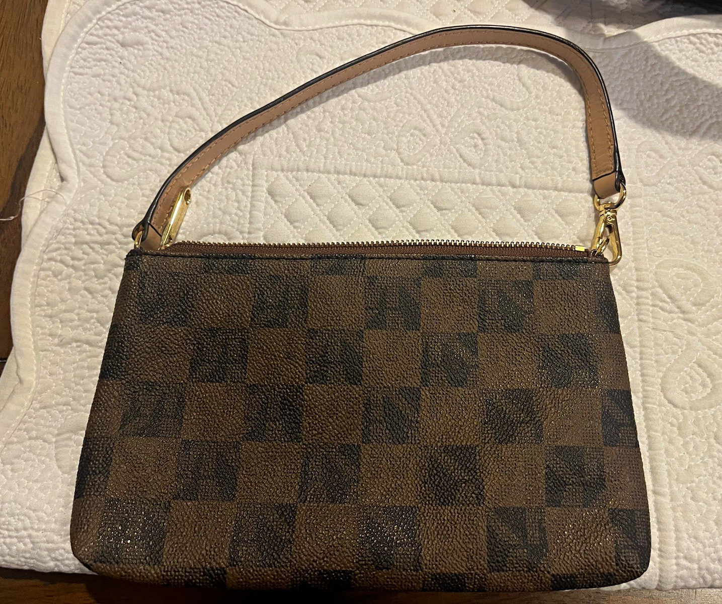 Michael Kors Brown Checkered Zip Wristlet Clutch Pouch Gold-Tone Hardware