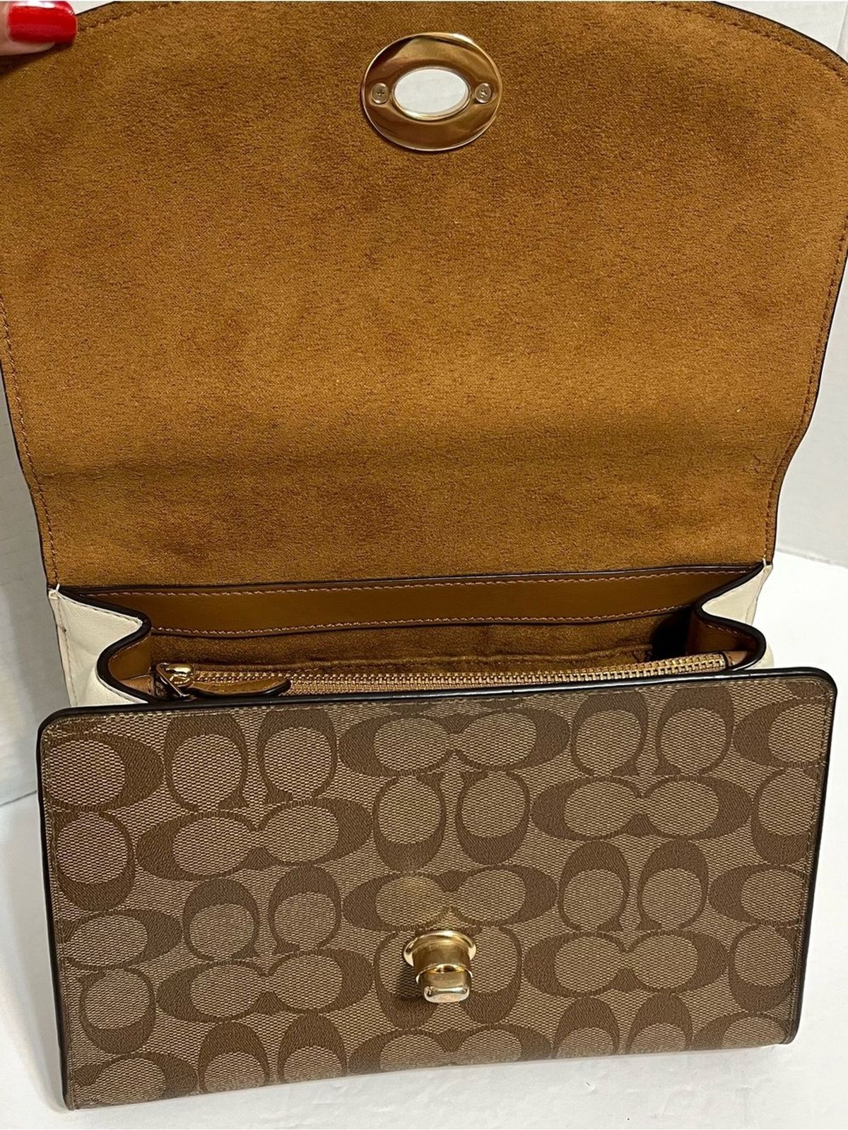 Coach Tilly Satchel Leather Signature Canvas Shoulder Bag in Cream/Brown