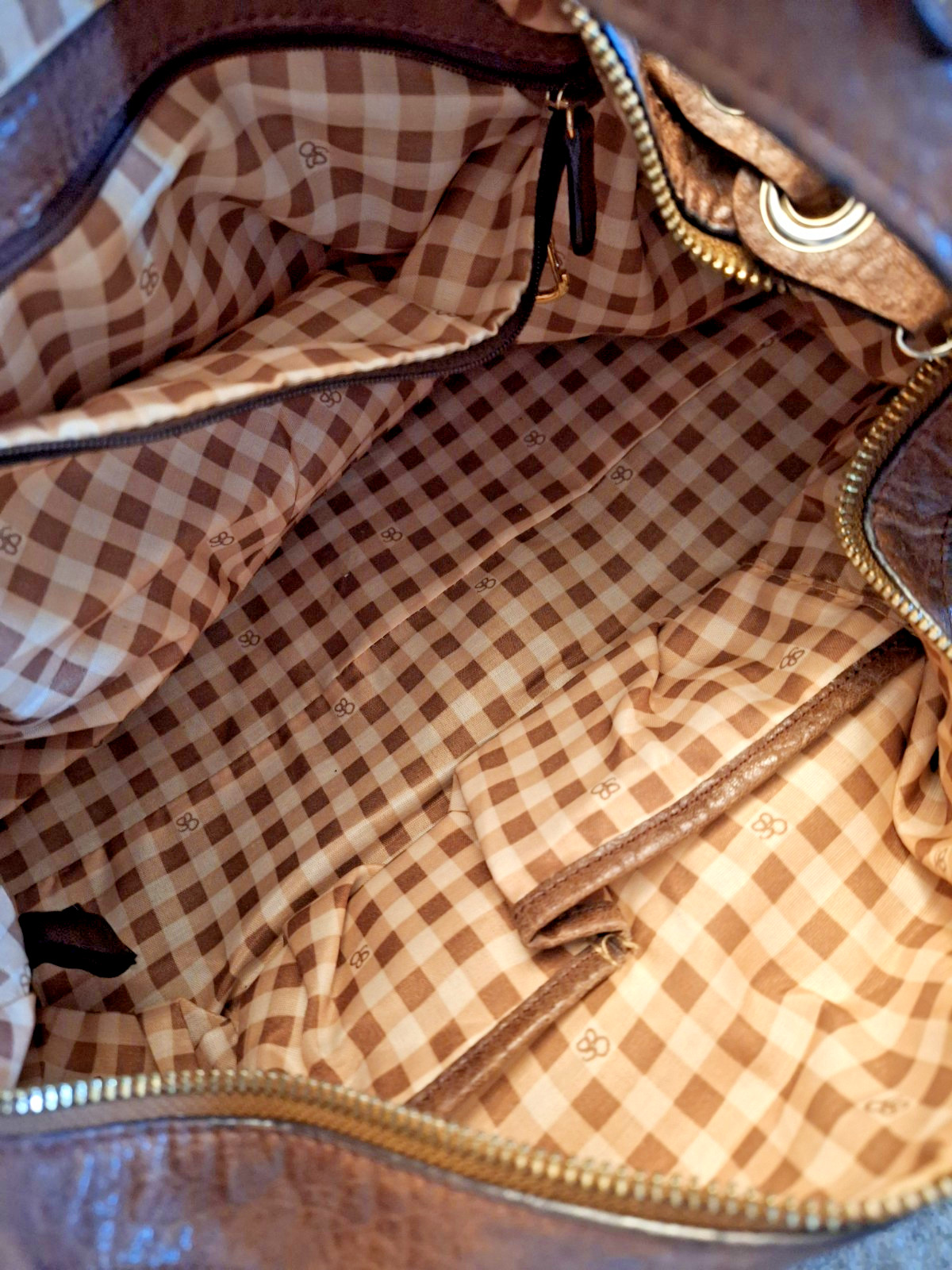 Vintage Y2K Jessica Simpson Brown Hobo Bag Gold Rings & Zippers Checkered Lining