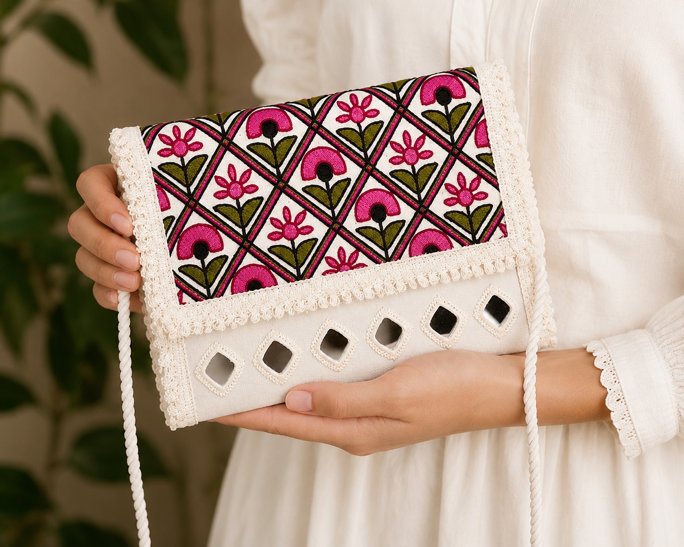 luxeNest Women’s Embroidered Clutch Purse Floral Crossbody Handbag White Pink