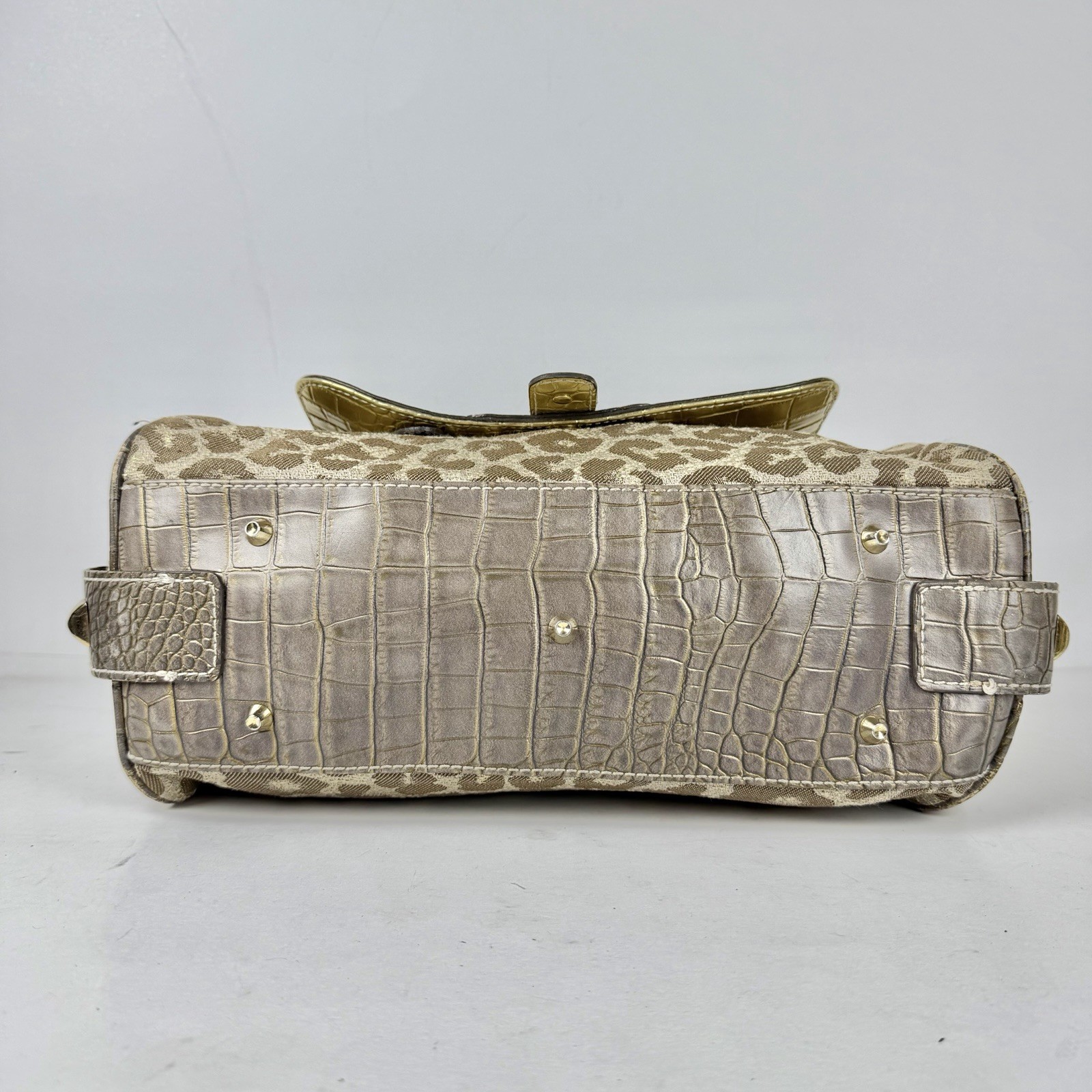 Guess Vintage Leopard Print Croc Trim Studded Satchel Gold Hardware Logo Handbag