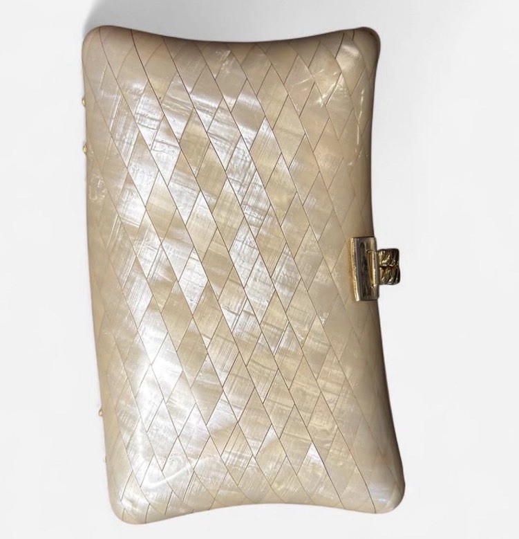 Mother of Pearl Clutch w/ Glossy Gold Chain Shoulder Strap, Formal Small