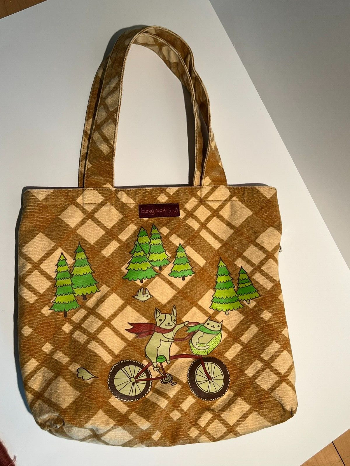 BUNGALOW 360 Yellow Plaid Bag DOG CAT BICYCLE Forest REVERSIBLE CANVAS TOTE