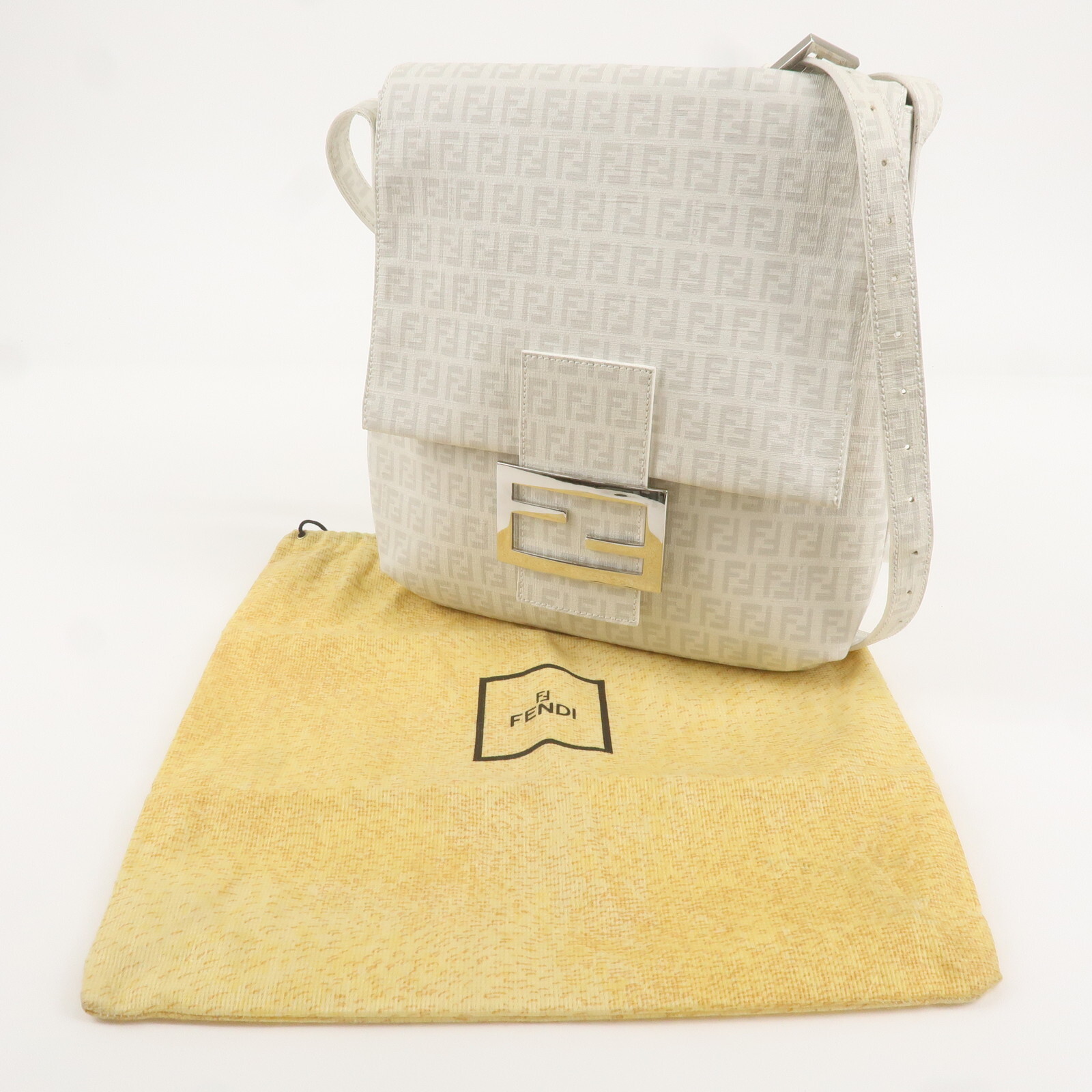 FENDI Zucchino Print Shoulder Bag White Gray PVC 8BT127 Auth Used