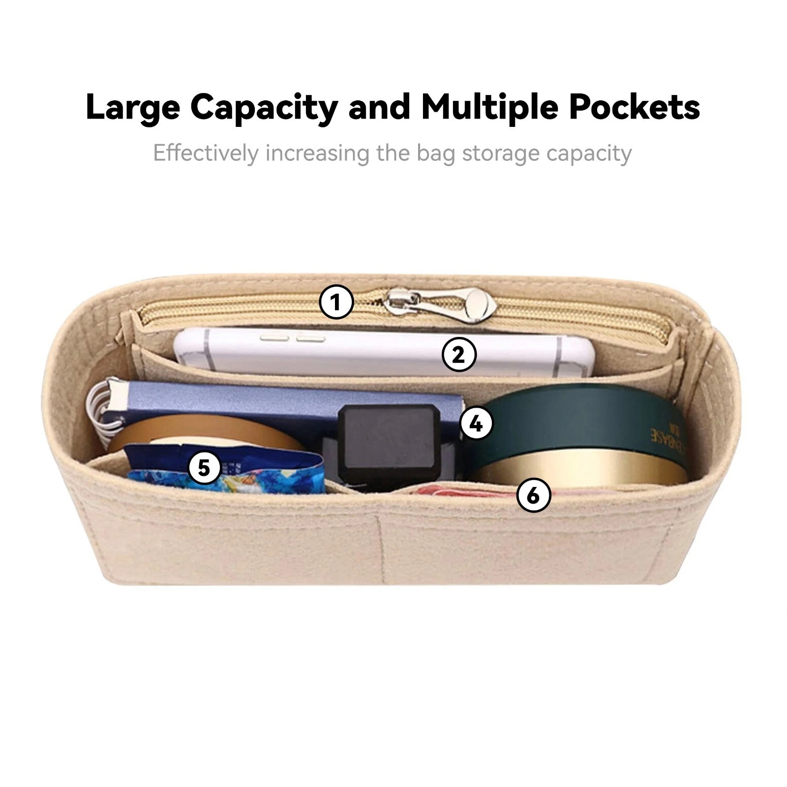 Felt Bag Organizer Insert with Zipper Multi Pocket Purse Liner Handbag Organizer