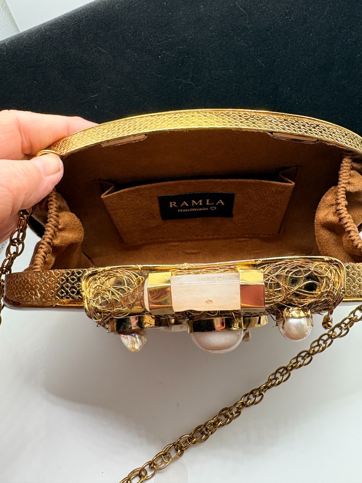 Ramla BOHO Mother of Pearl Mosaic Clutch – Ornate Filigree Triangle Panel