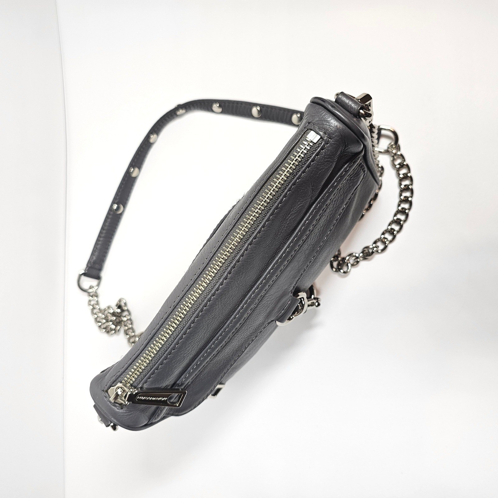 Rebecca Minkoff Mini MAC Crossbody Bag Womens Dark Grey Textured Leather Silver