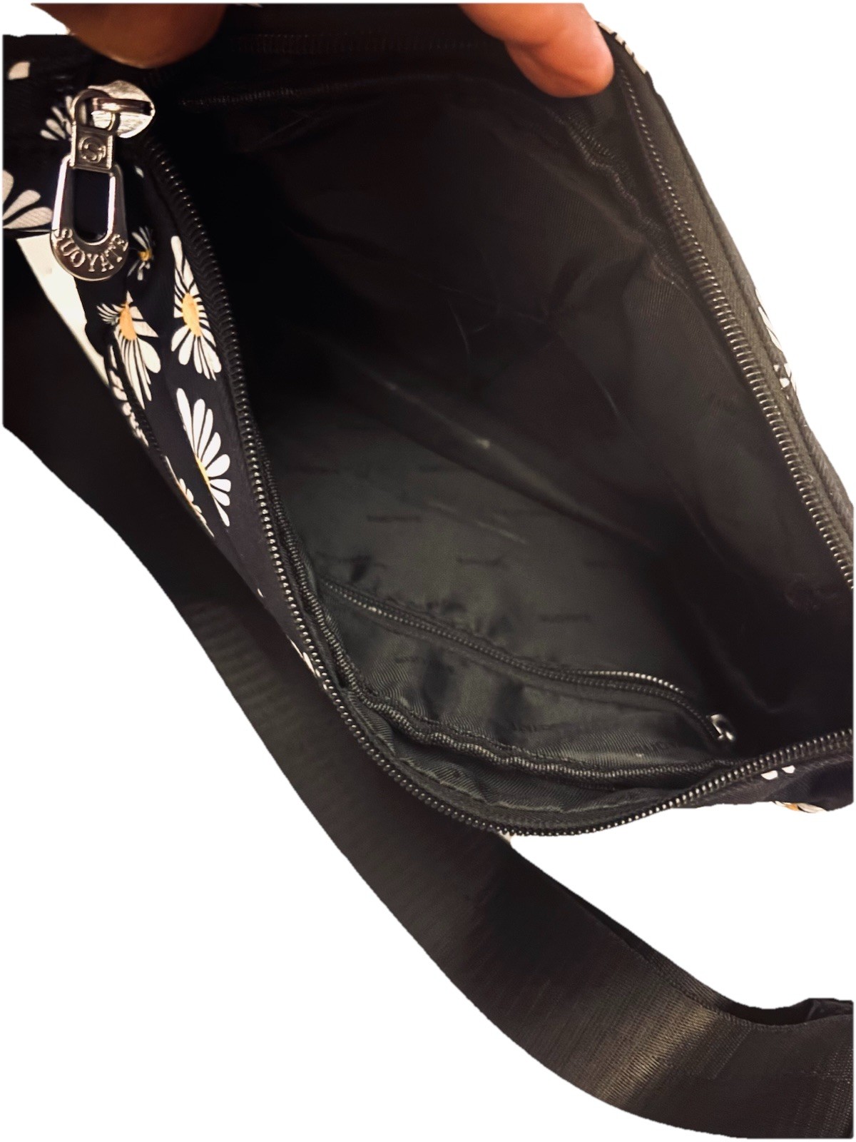 Suoyote Crossbody Bag Multiple Pockets Fabric Purse Black With Daisy Flowers