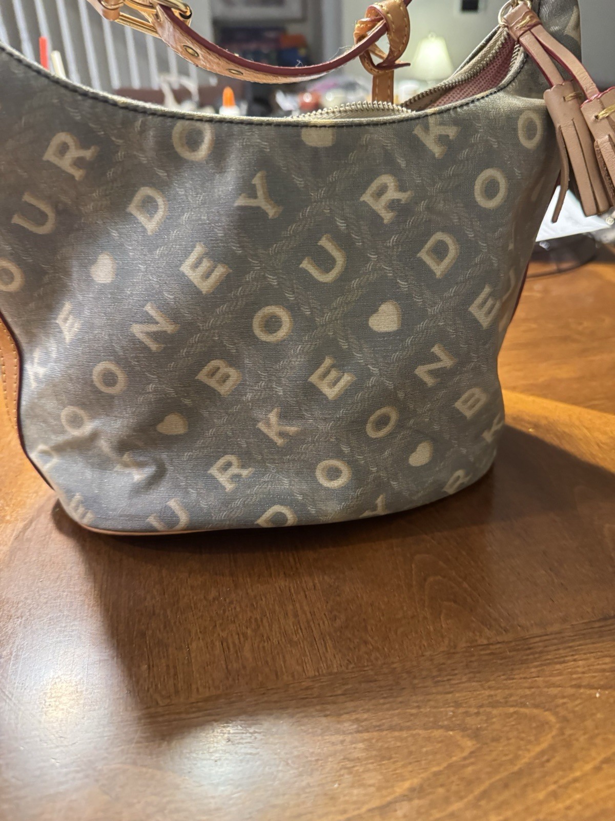 Dooney & Bourke Logo Heart Hobo Bag Gray Zip Adjustable Strap Gold Pink Lined