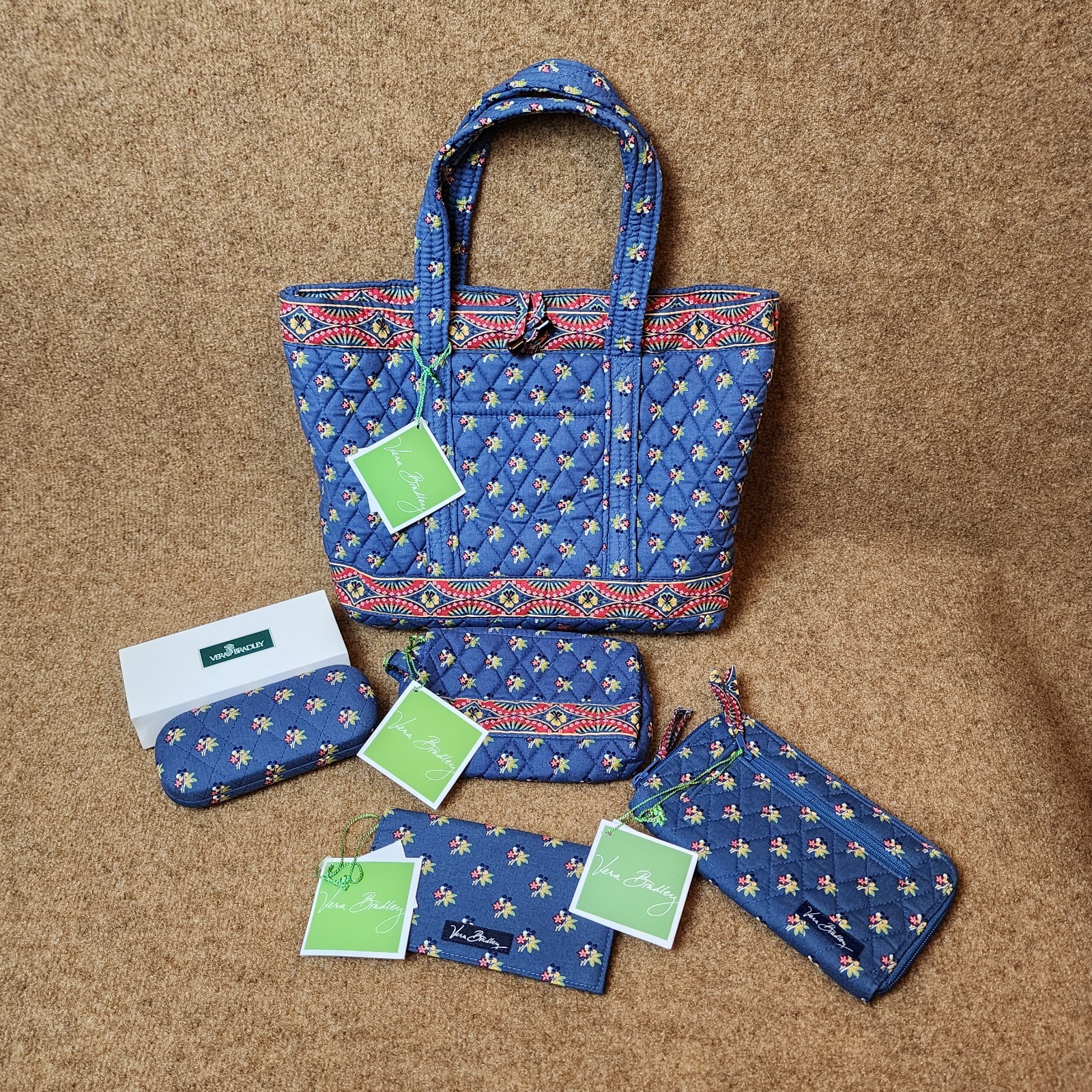 6Pc Vera Bradley Emily Floral Blue Tote Checkbook Glasses Case Wallet Makeup Bag