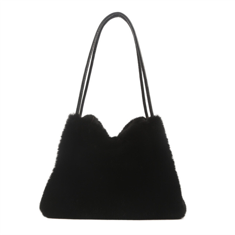 Womens Winter Plush Bag Versatile Furry Shoulder Bag Tote Bag White Black