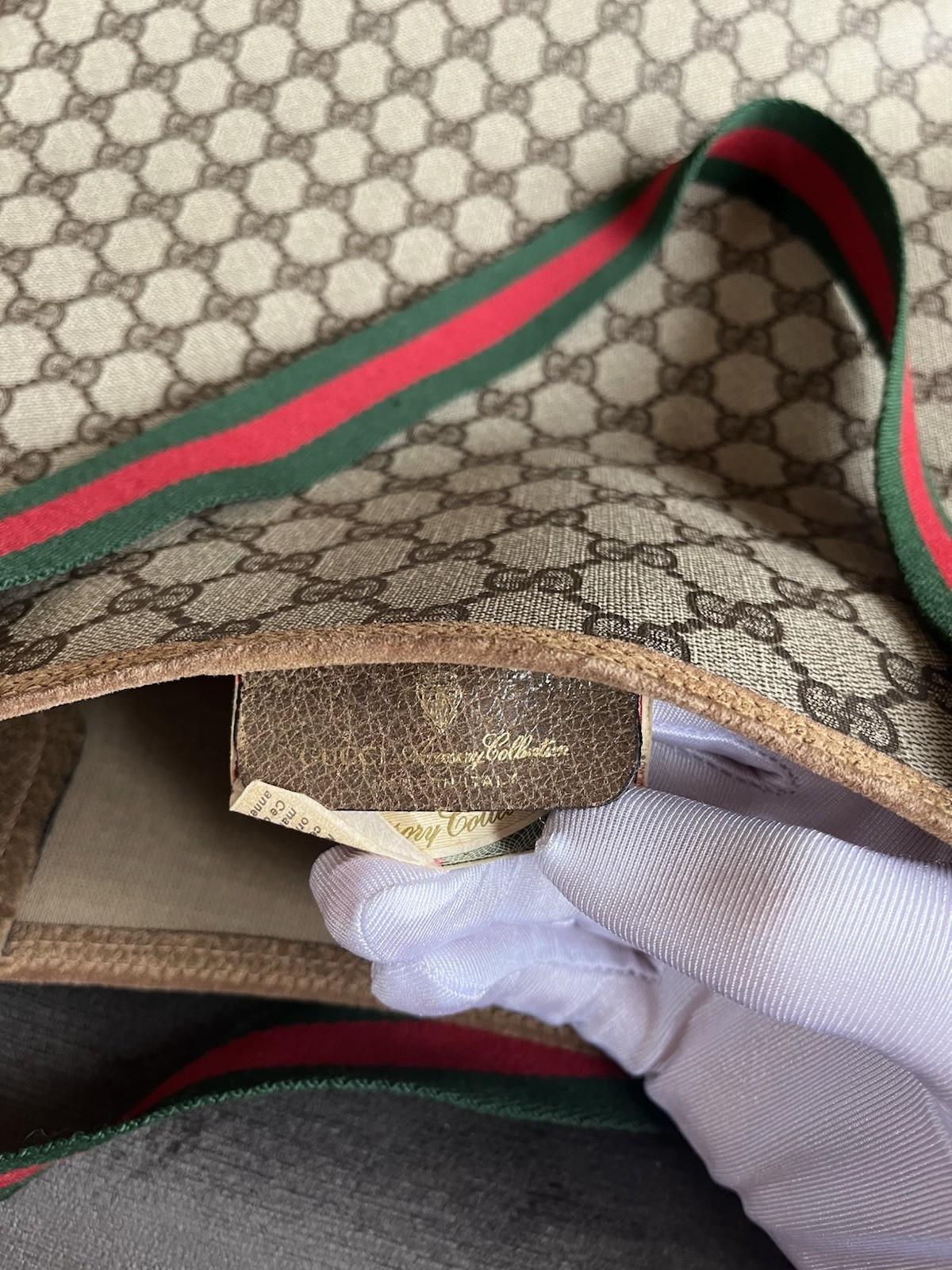 Vintage Gucci GG Monogram Canvas Tote Bag Web Stripe Leather Italy