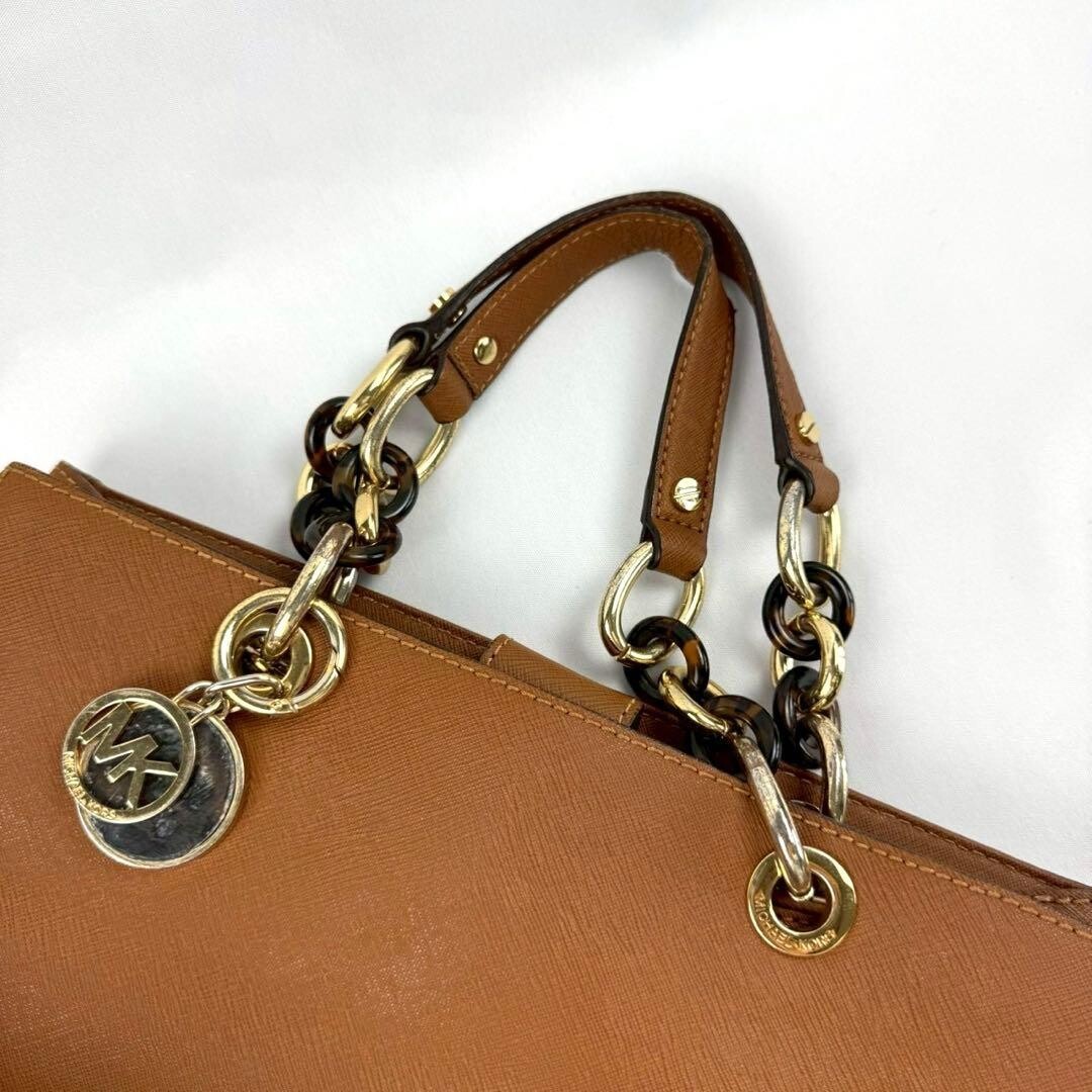 Michael Kors Brown Leather Tote Bag Gold Logo Charm Women Handbag 11.6in