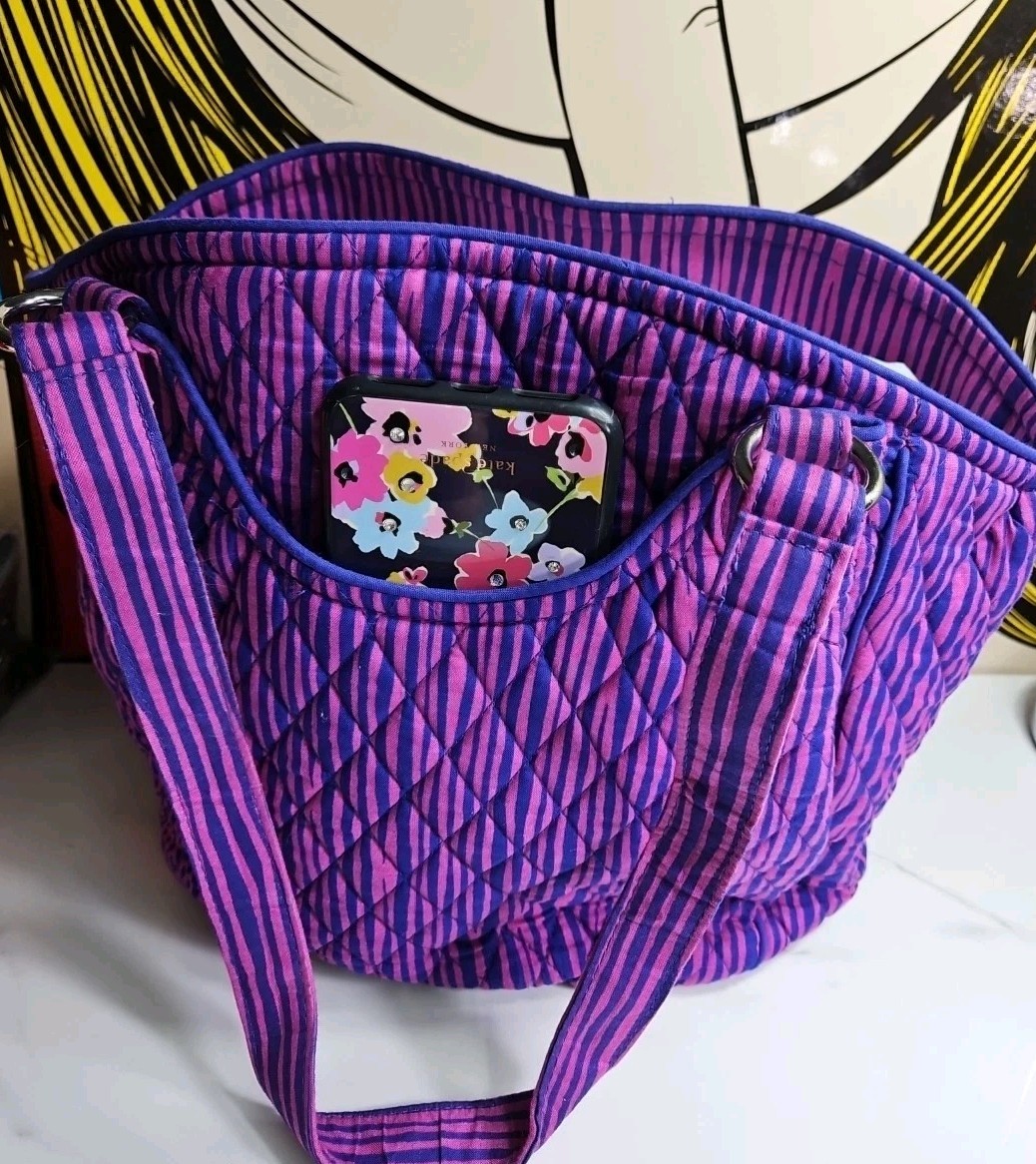 Vera Bradley Trapeze Impressionista Stripe Purple Tote Bag 15x12x4.5