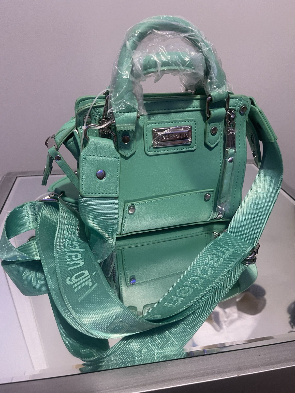 Green Small Satchel Top Handle Crossbody Bag Logo Pattern Zip Pouch Silver HW
