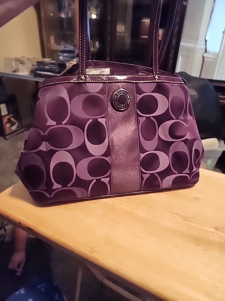 Coach Signature Jacquard Kisslock Tote Bag Purple 20105 Leather Trim