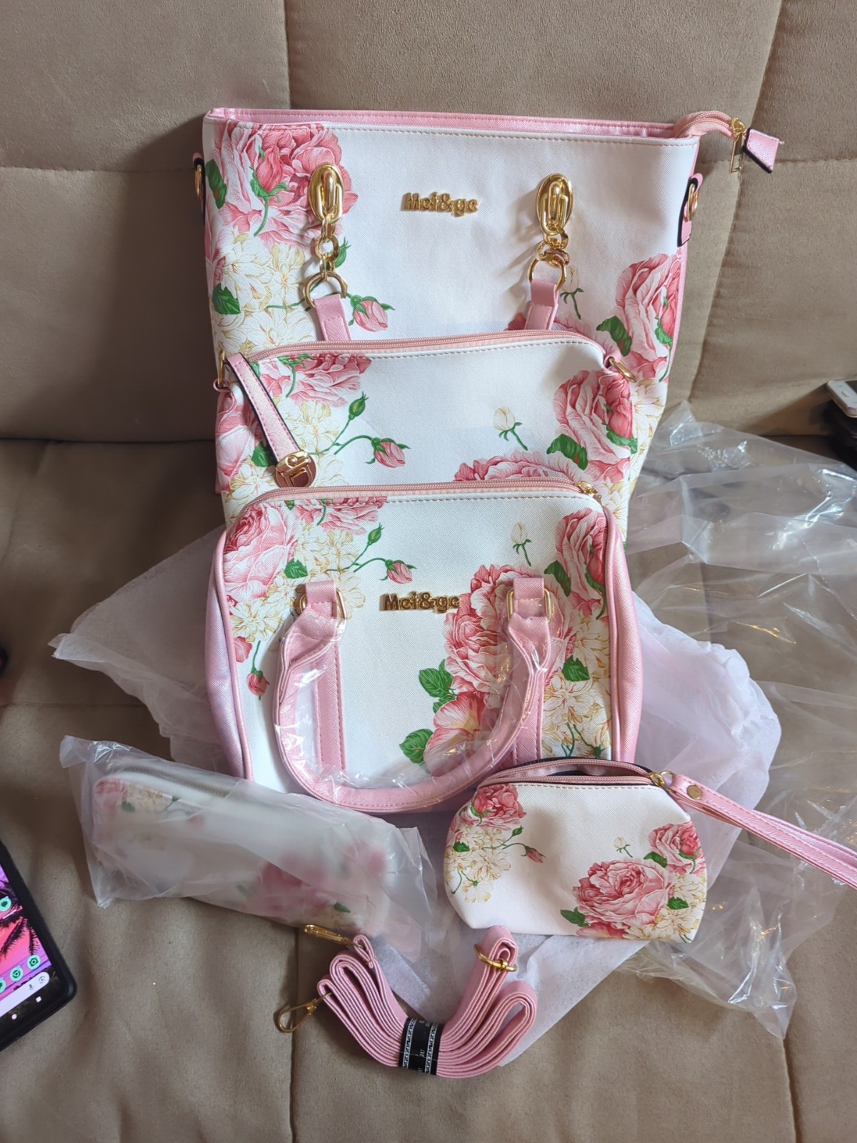 Mei & Ge 7 Piece Handbag Set Women’s Floral Print Faux Leather