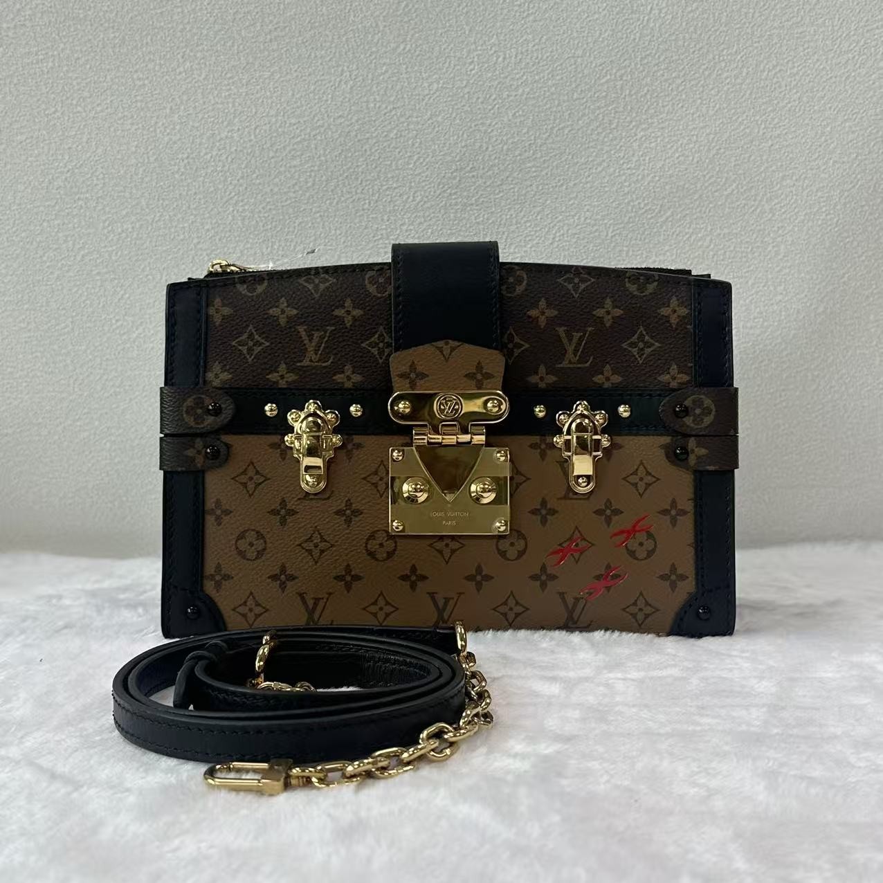 Auth Louis Vuitton Trunk Clutch Monogram Reverse Canvas Gold Crossbody Bag/