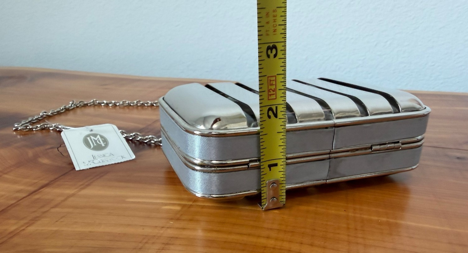 Jessica McClintock Silver Tone Metal Mini Clutch Bag with Chain Strap