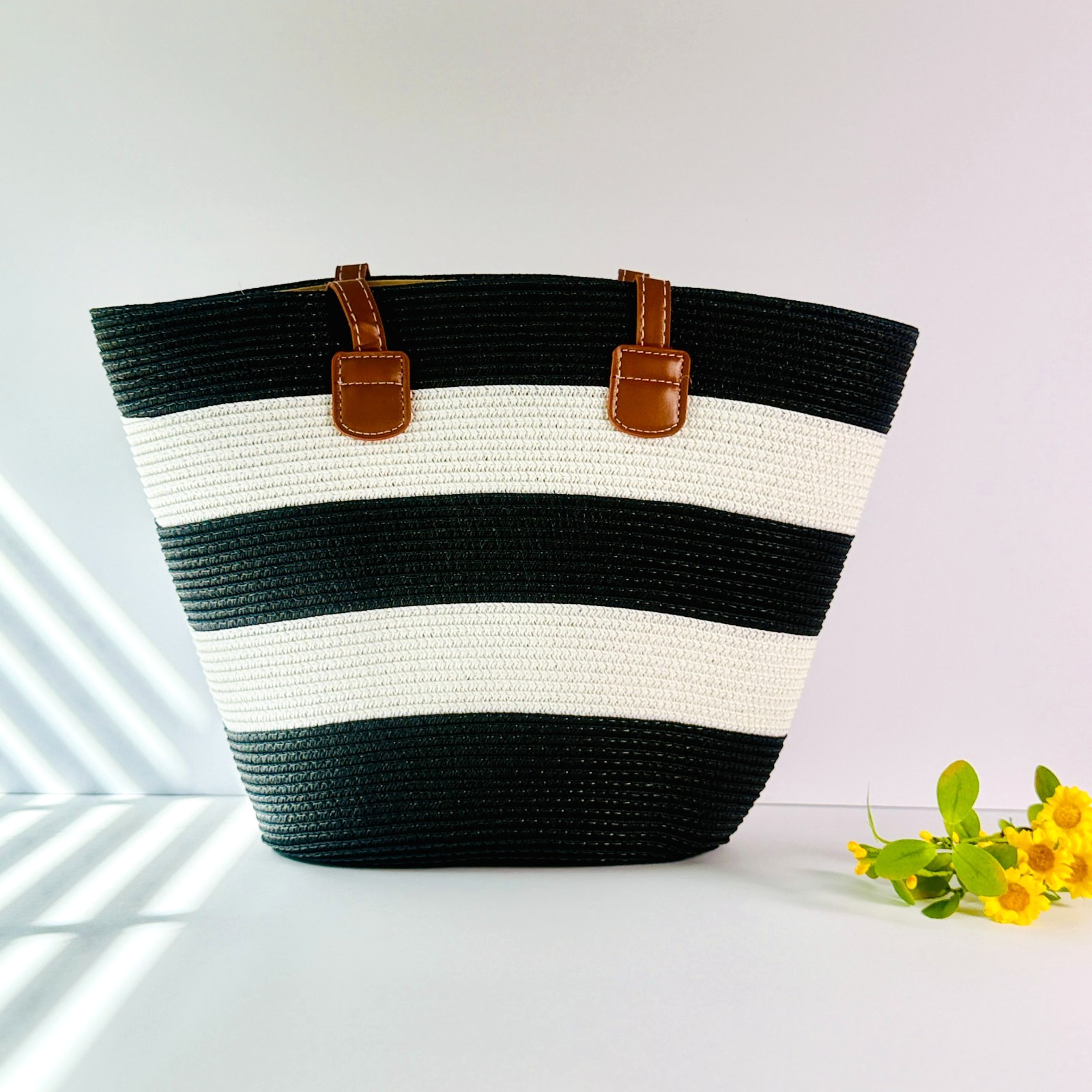 Black White Striped Straw Tote Bag for Women Summer Beach Shoulder Handbag