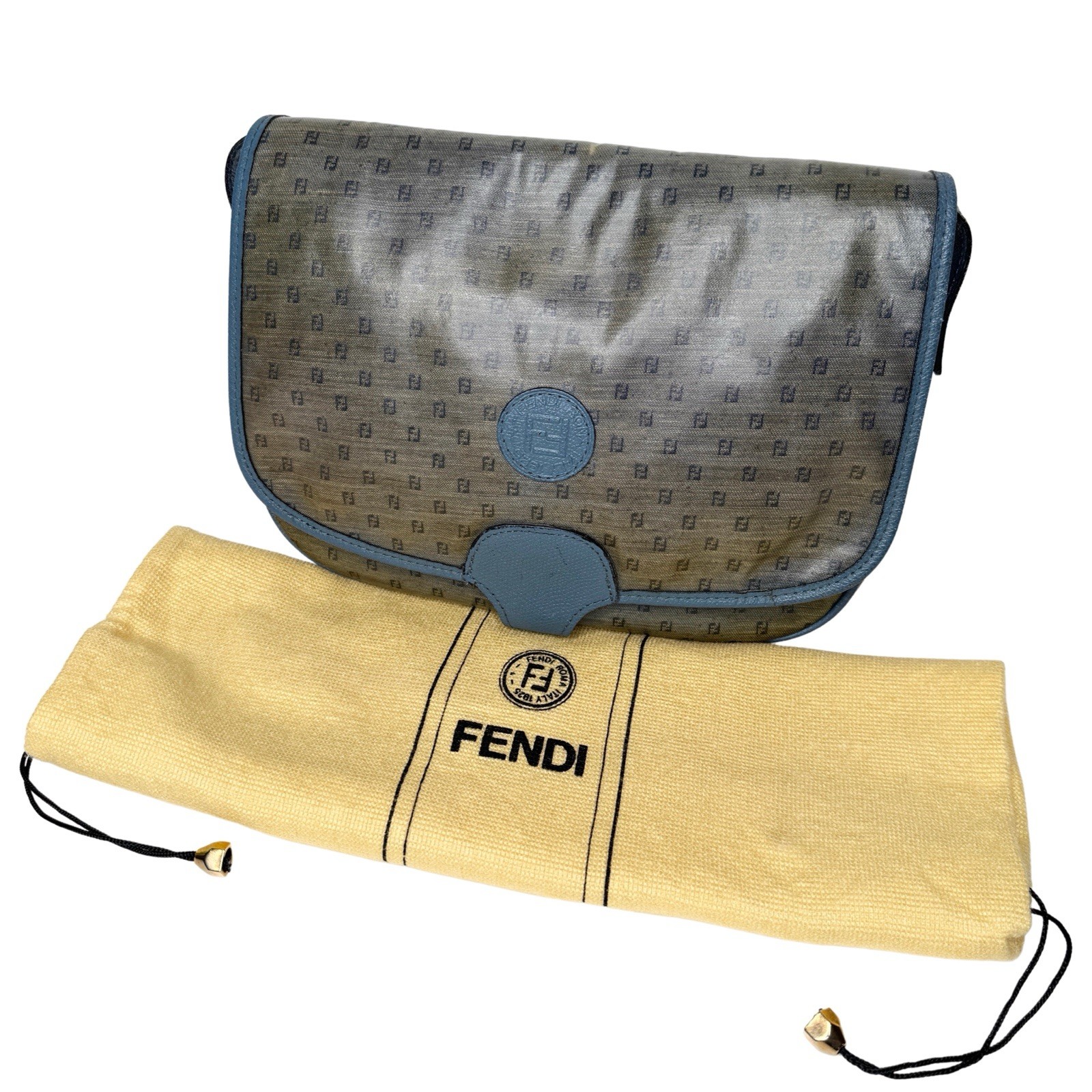 Vintage Fendi 80s FF Monogram Crossbody Messenger Bag Blue Trim