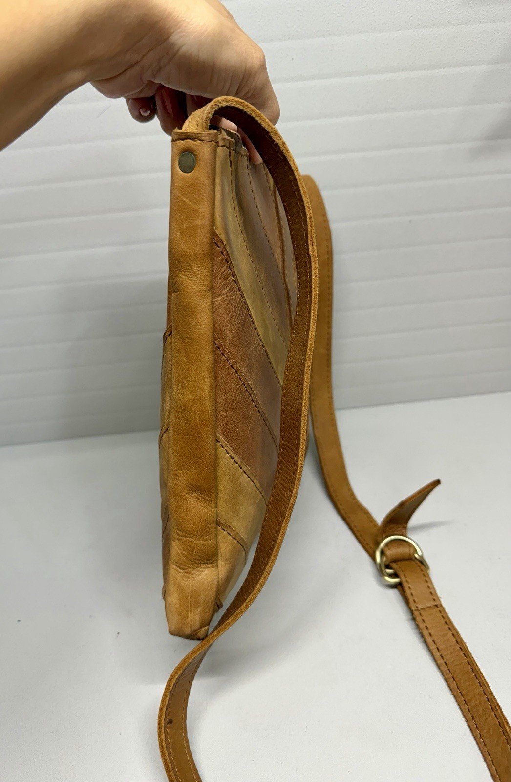 VINTAGE Genuine Leather Tasseled Zip Flat Tan Hippie Crossbody Bag
