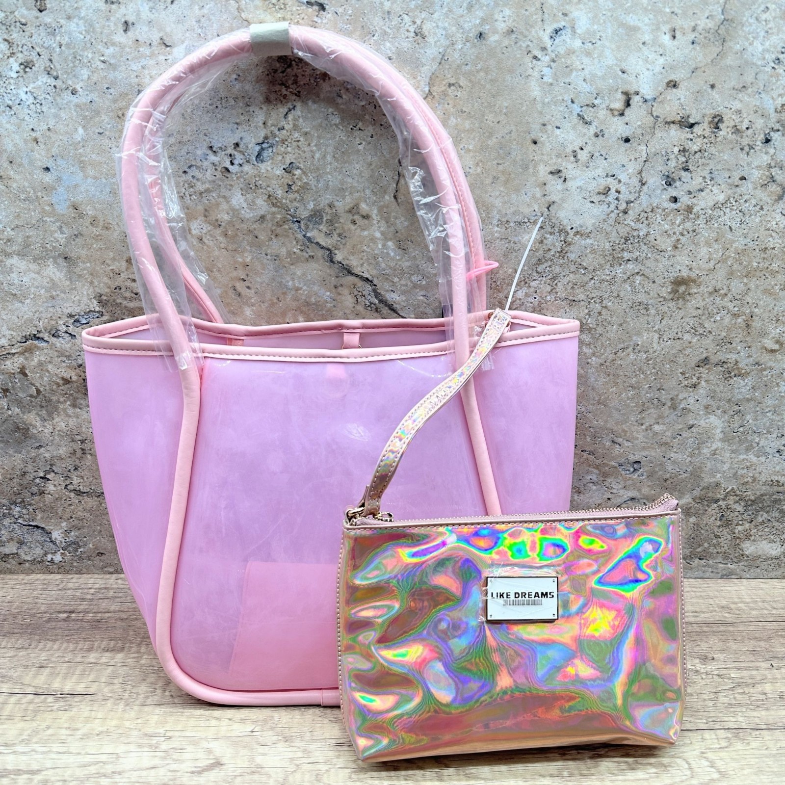 LIKE DREAMS Pink Clear Jelly Tote Bag w/ Holographic Zip Pouch Cosmetic NWT