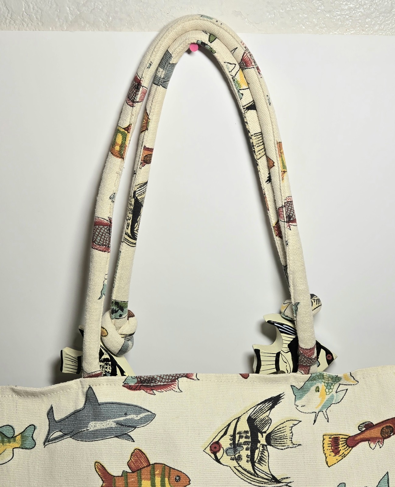 Unique Coastal Fish Print Cotton Canvas Tote Beach Bag Wood Fish Accents 21″