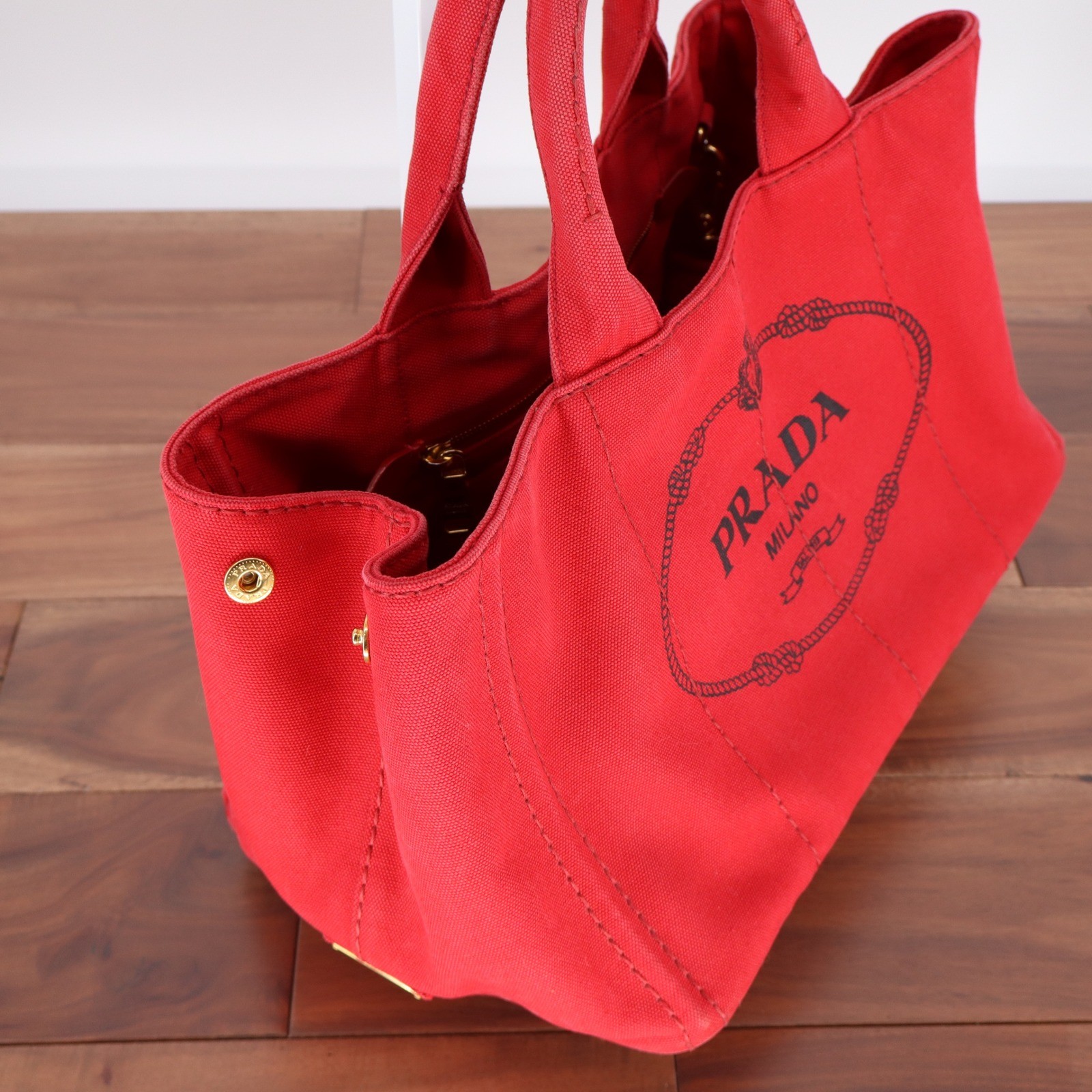 Prada Canapa Tote Bag Red Canvas Logo Handbag Rosso Gold Hardware